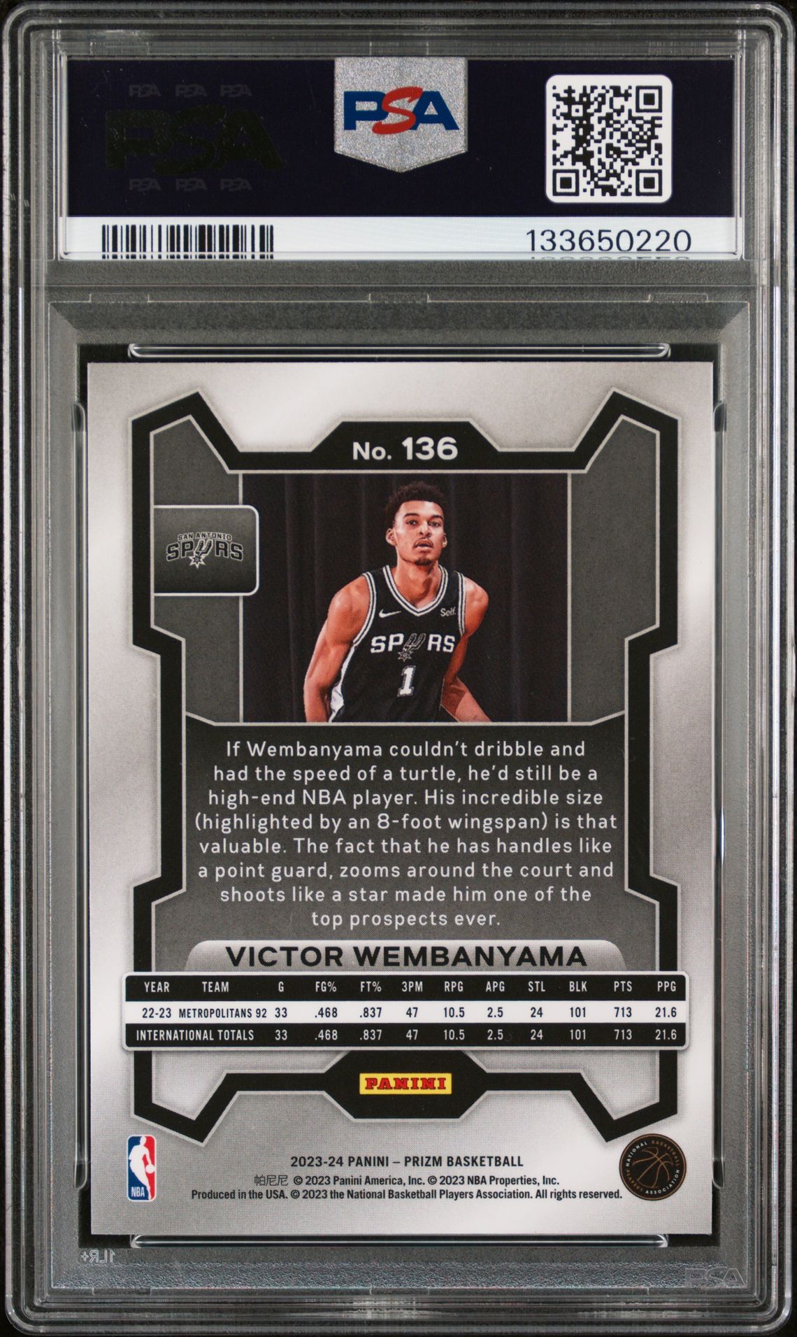 2023 PANINI PRIZM VICTOR WEMBANYAMA  136 GEM MT 10 back