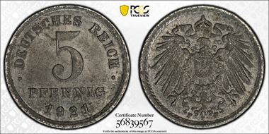 1921-F 5 Pfg J-297 MS63