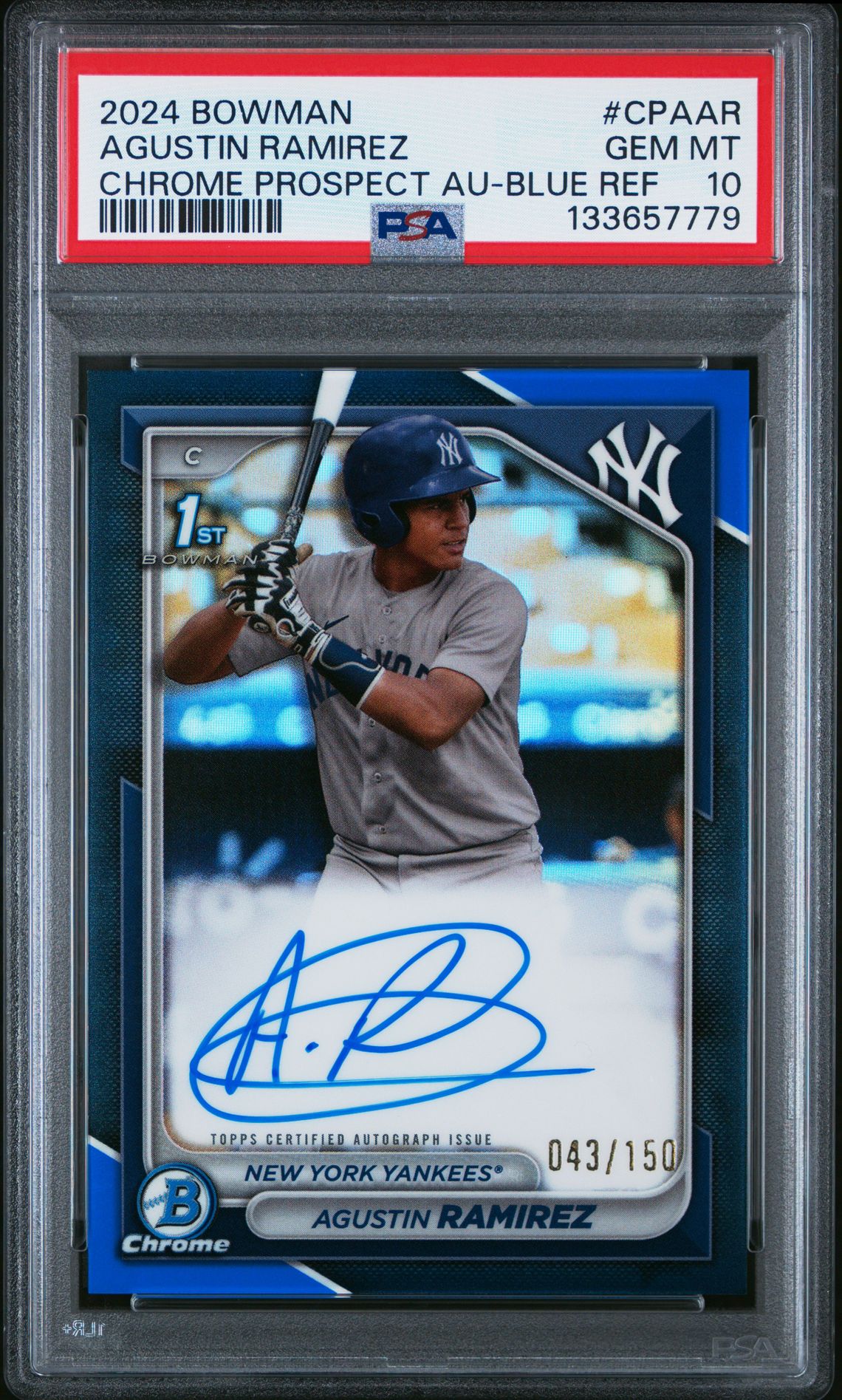 2024 Bowman Chrome Prospect Autographs Agustin Ramirez #Cpaar (Chrome Prospect Au-Blue Ref) Gem Mt 10 front