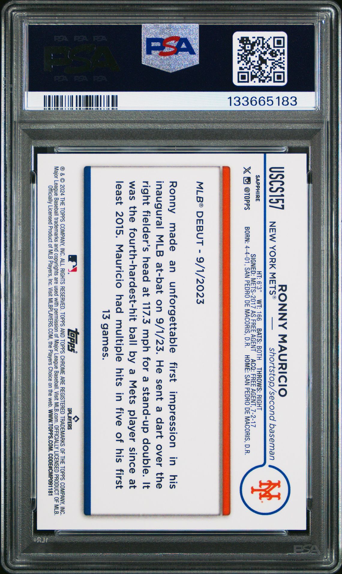 2024 Topps Chrome Sapphire Update Series Ronny Mauricio #157 (Black) Mint 9 back