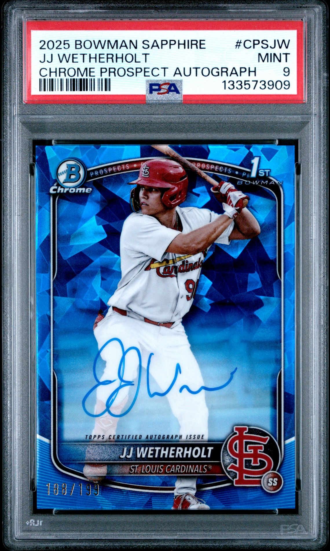 2025 Bowman Sapphire Edition Chrome Prospects Sapphire Autographs Jj Wetherholt #Cpsjw (Chrome Prospect Autograph) Mint 9 front