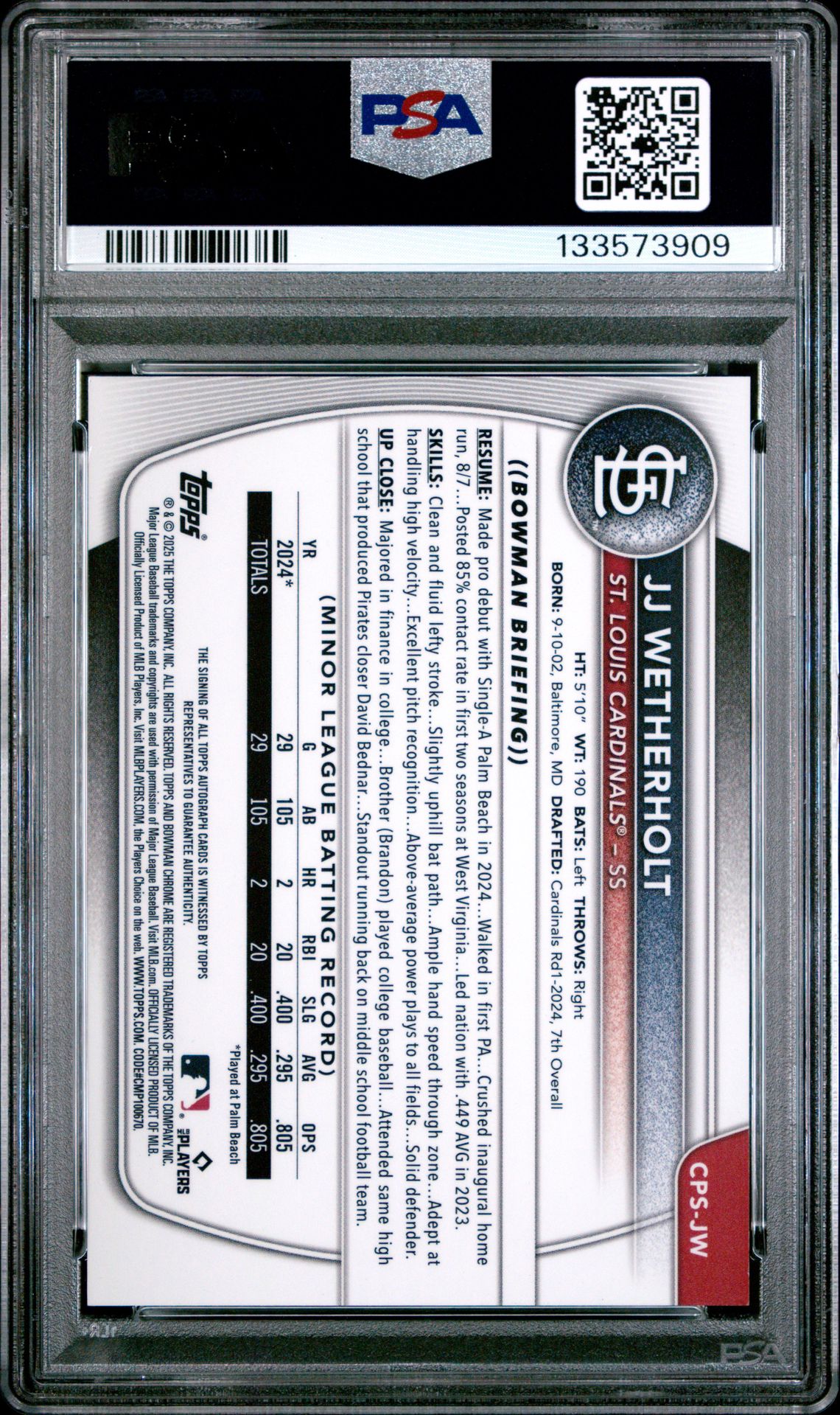 2025 Bowman Sapphire Edition Chrome Prospects Sapphire Autographs Jj Wetherholt #Cpsjw (Chrome Prospect Autograph) Mint 9 back
