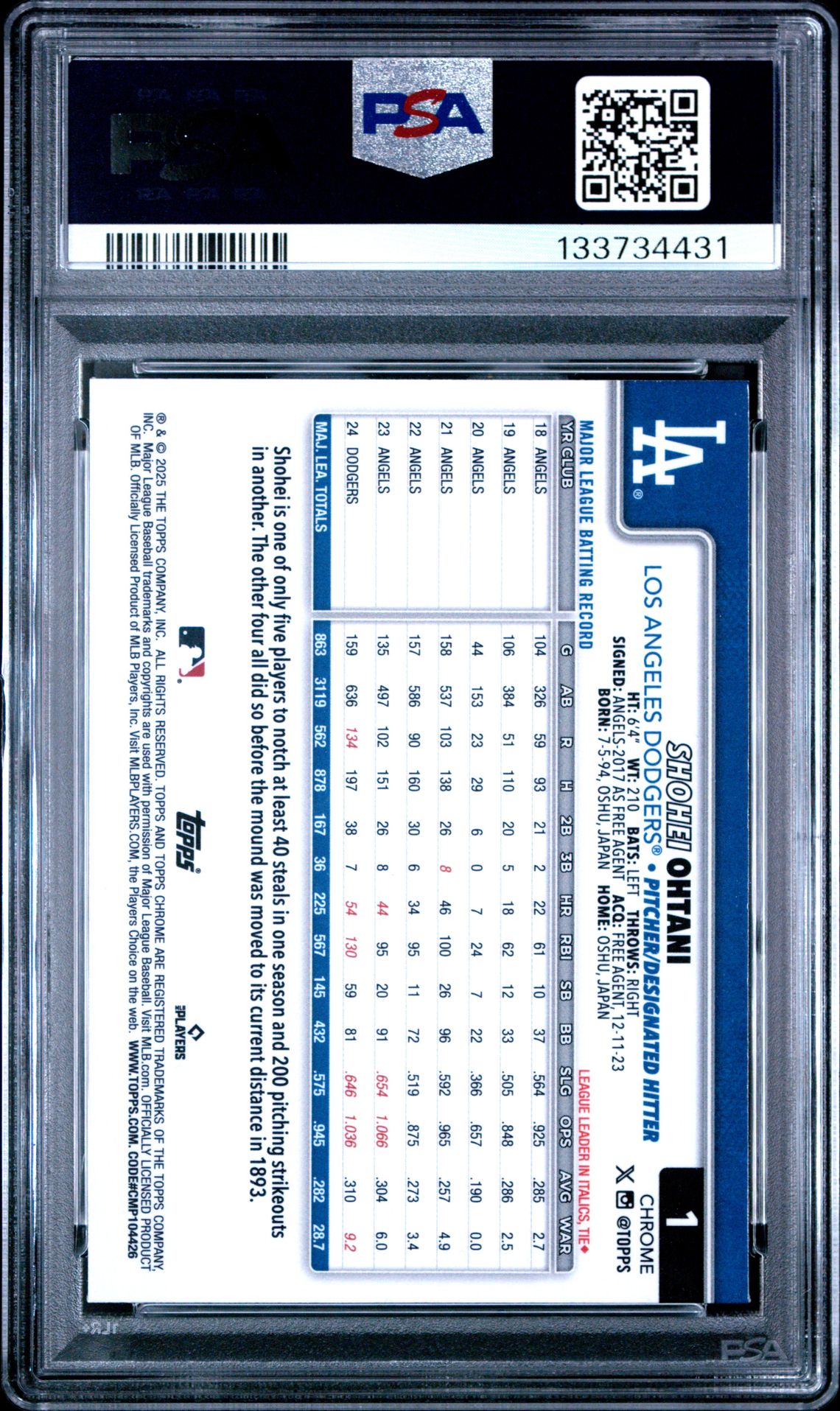 2025 Topps Chrome Shohei Ohtani #1 (X-Fractor) Mint 9 back