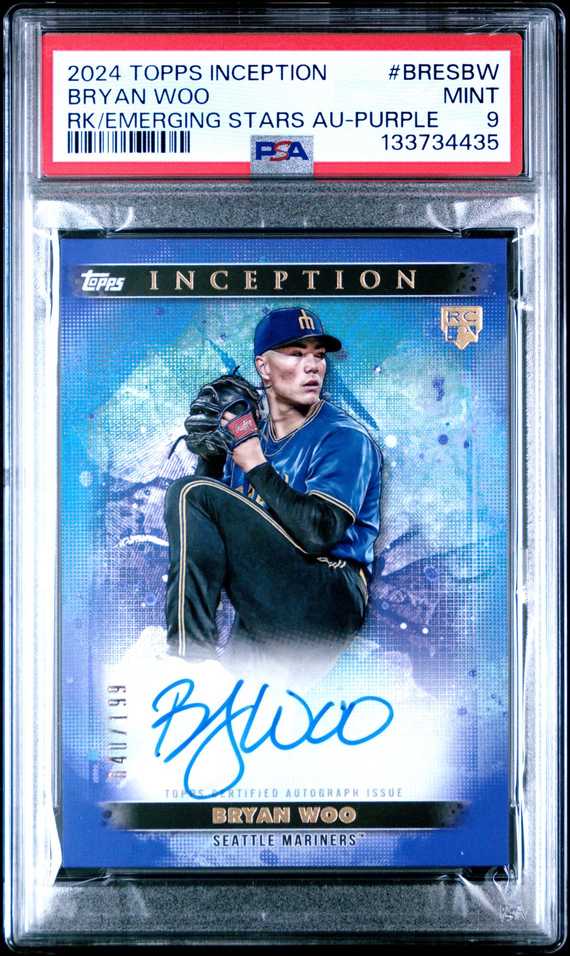 2024 Topps Inception Base Rookie And Emerging Star Autographs Bryan Woo #Bresbw (Rk/Emerging Stars Au-Purple) Mint 9 front