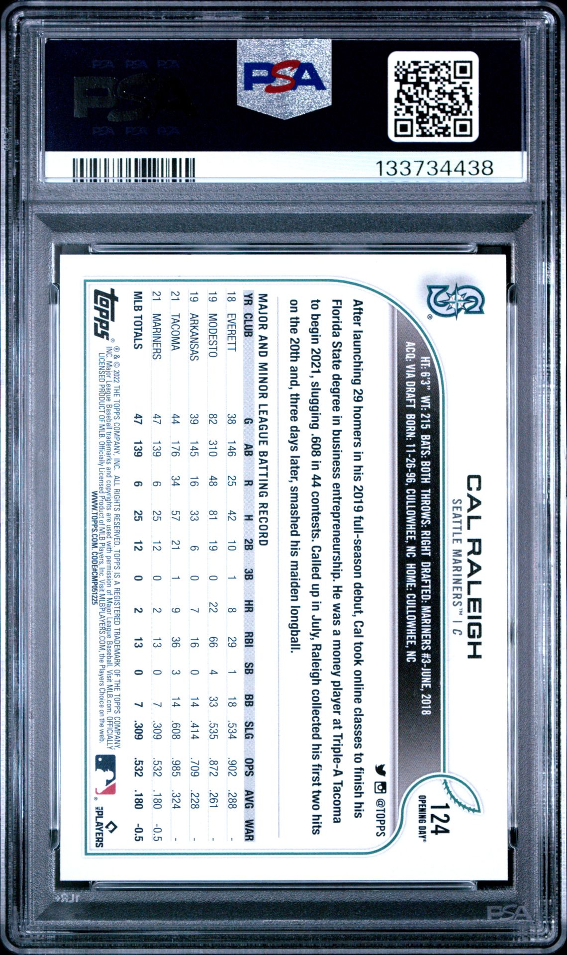 2022 Topps Opening Day Cal Raleigh #124 Gem Mt 10 back