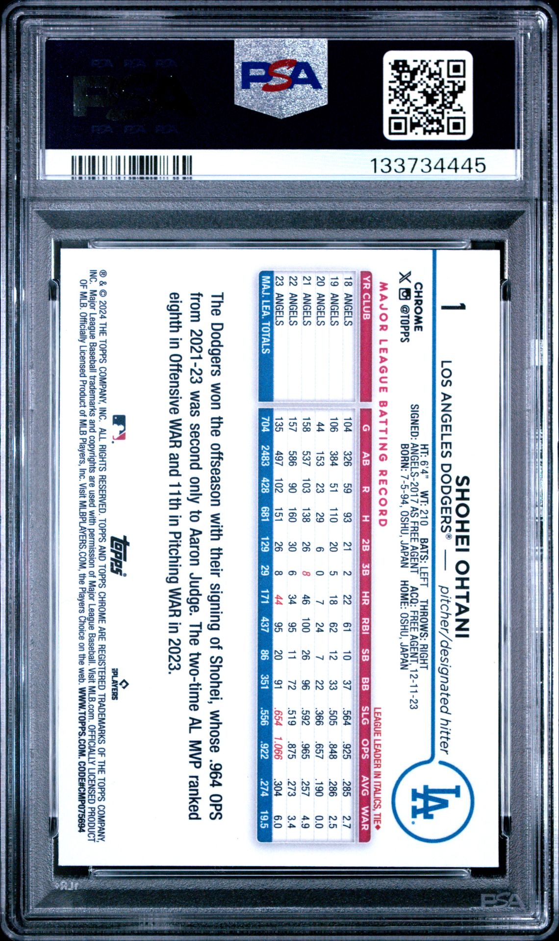 2024 Topps Chrome Shohei Ohtani #1 Gem Mt 10 back