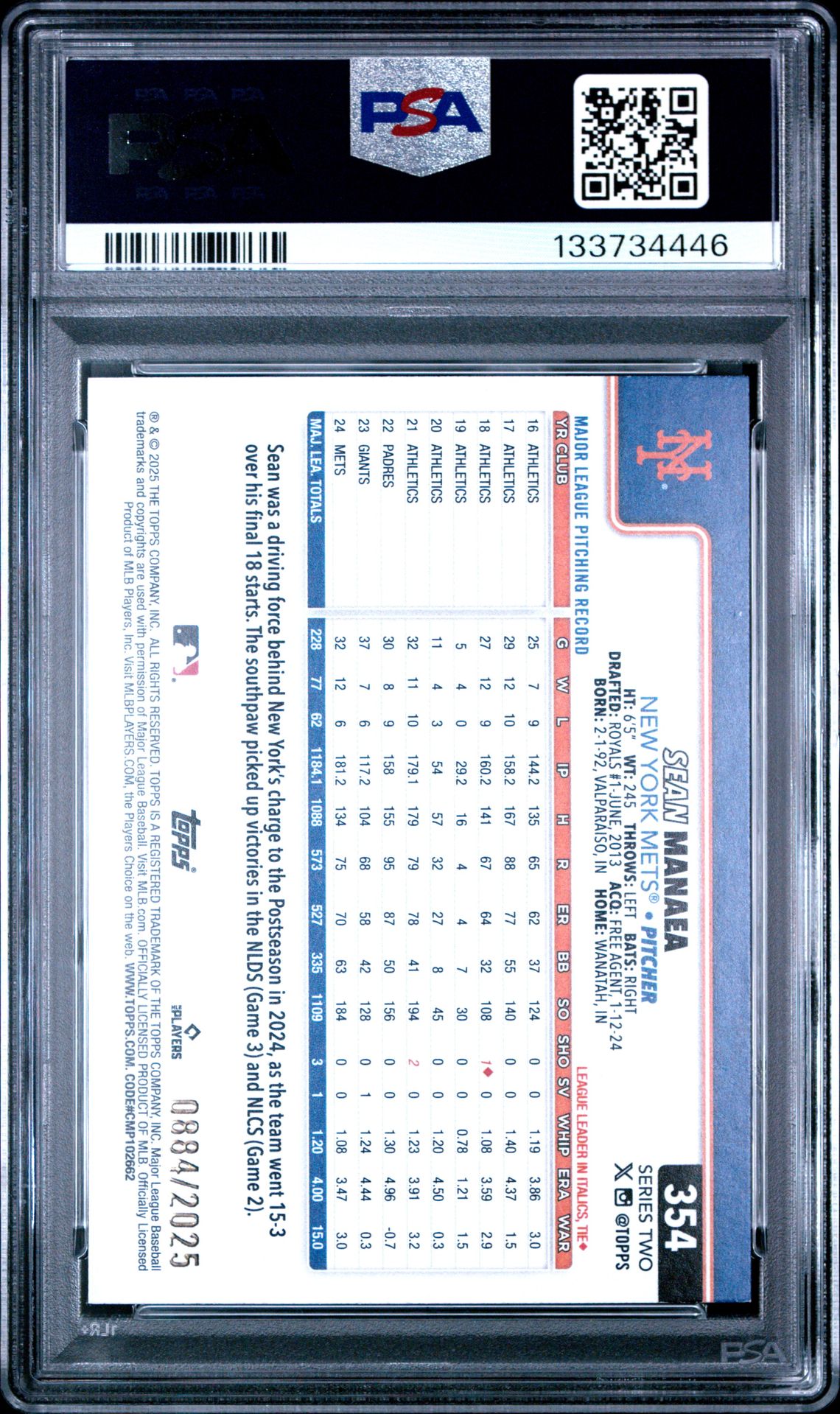 2025 Topps Sean Manaea #354 (Gold) Mint 9 back