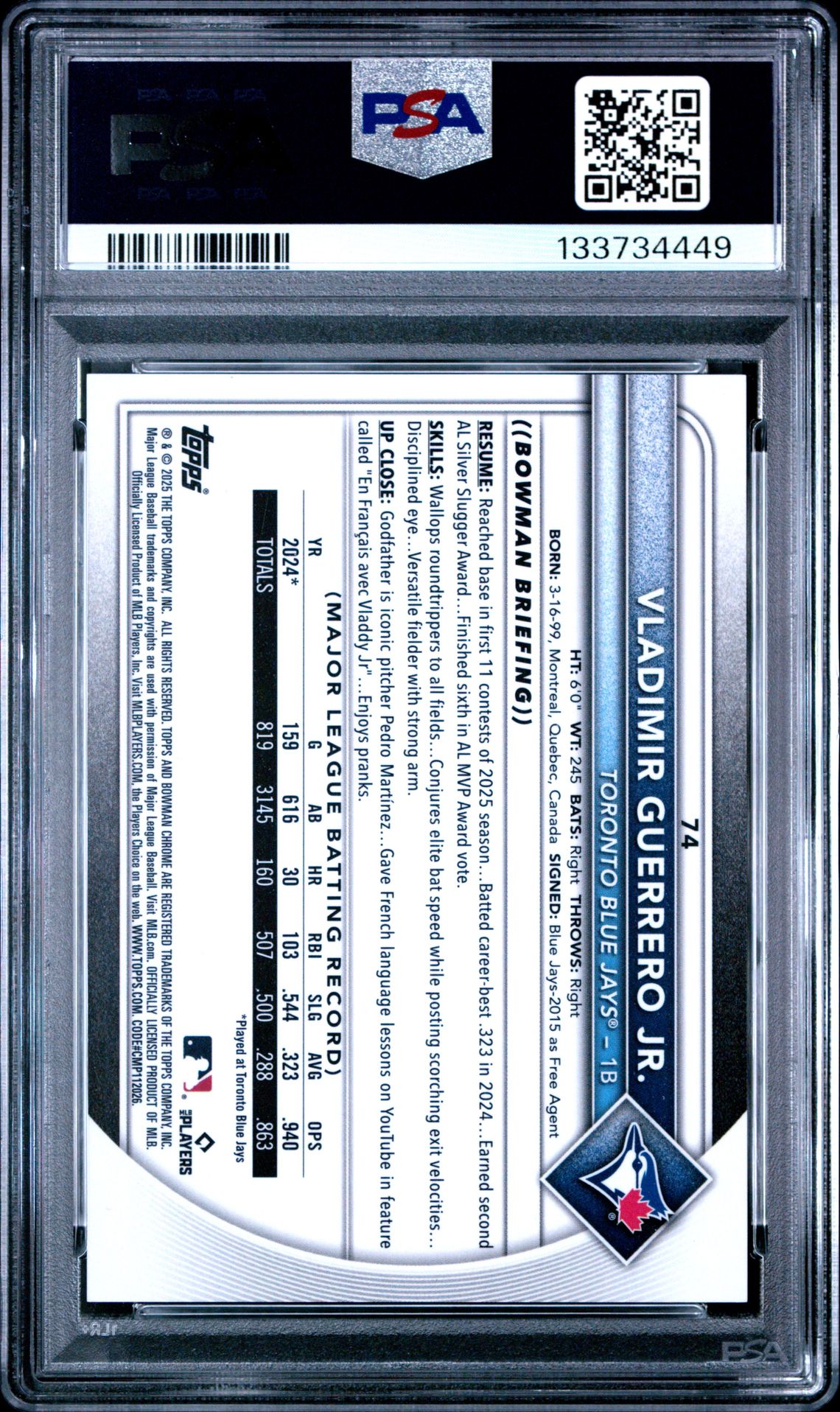 2025 Bowman Chrome Vladimir Guerrero Jr. #74 (Gold Geometric) Mint 9 back