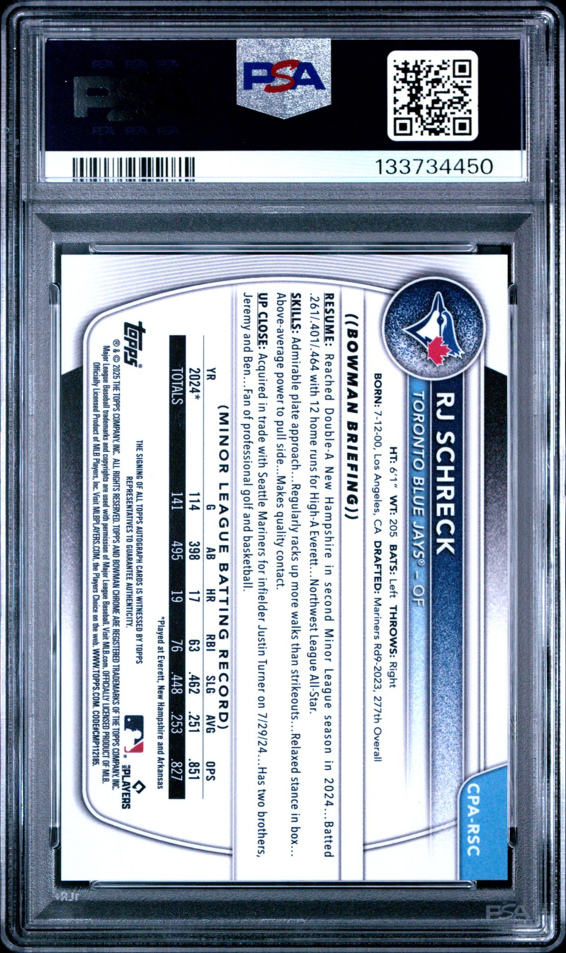2025 Bowman Chrome Prospect Autographs Rj Schreck #Cparsc Gem Mt 10 back