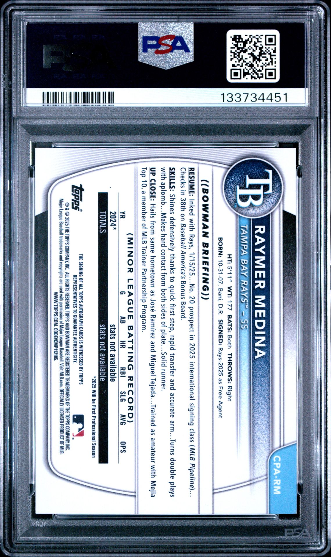 2025 Bowman Chrome Prospect Autographs Raymer Medina #Cparm (Chr Pros Auto-Grn Reptilian) Mint 9 back