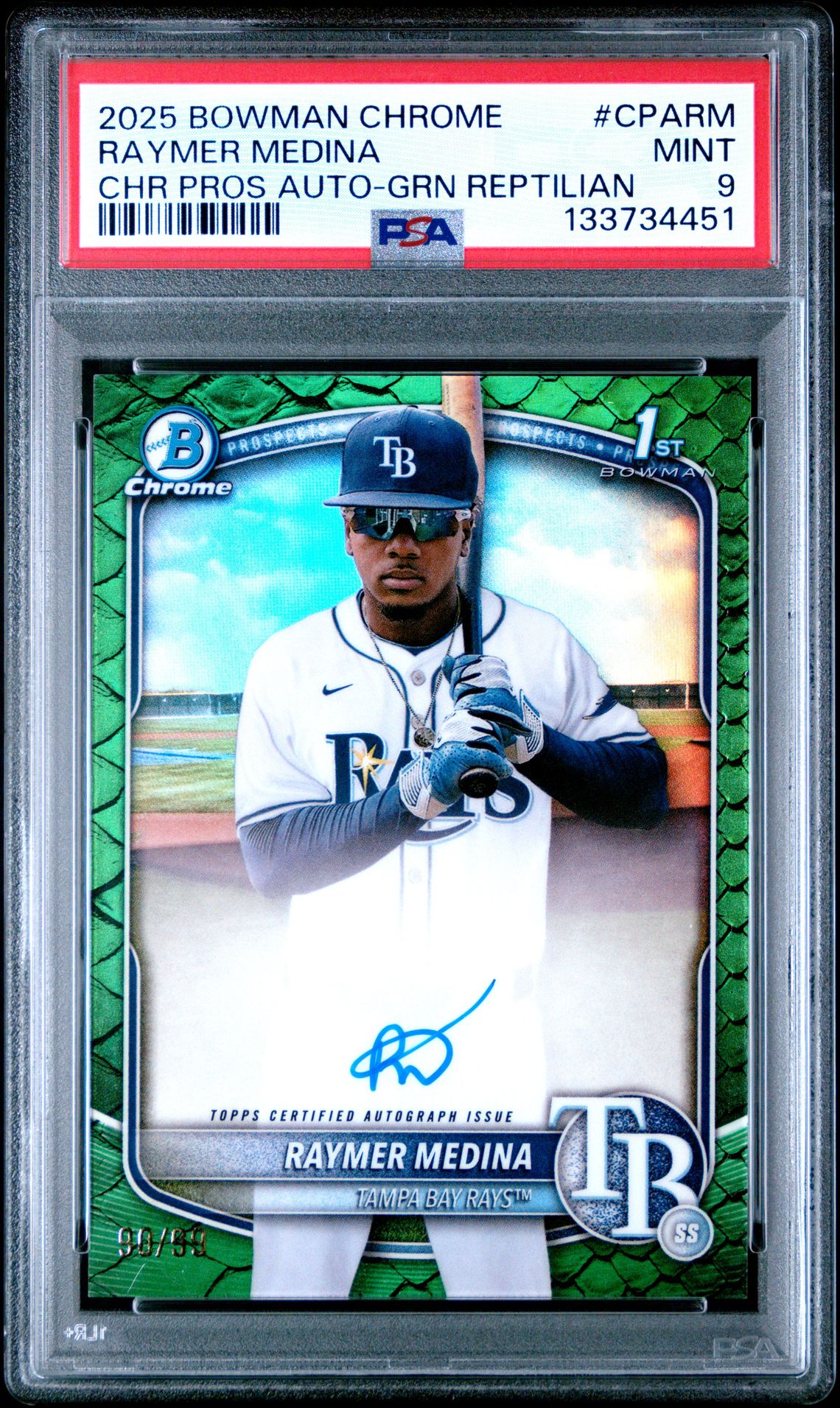 2025 Bowman Chrome Prospect Autographs Raymer Medina #Cparm (Chr Pros Auto-Grn Reptilian) Mint 9 front