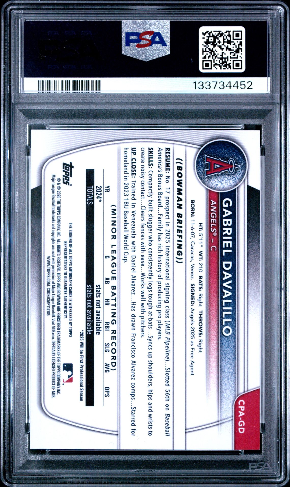 2025 Bowman Chrome Prospect Autographs Gabriel Davalillo #Cpagd (Chr Pros Auto-Blue Reptilian) Mint 9 back