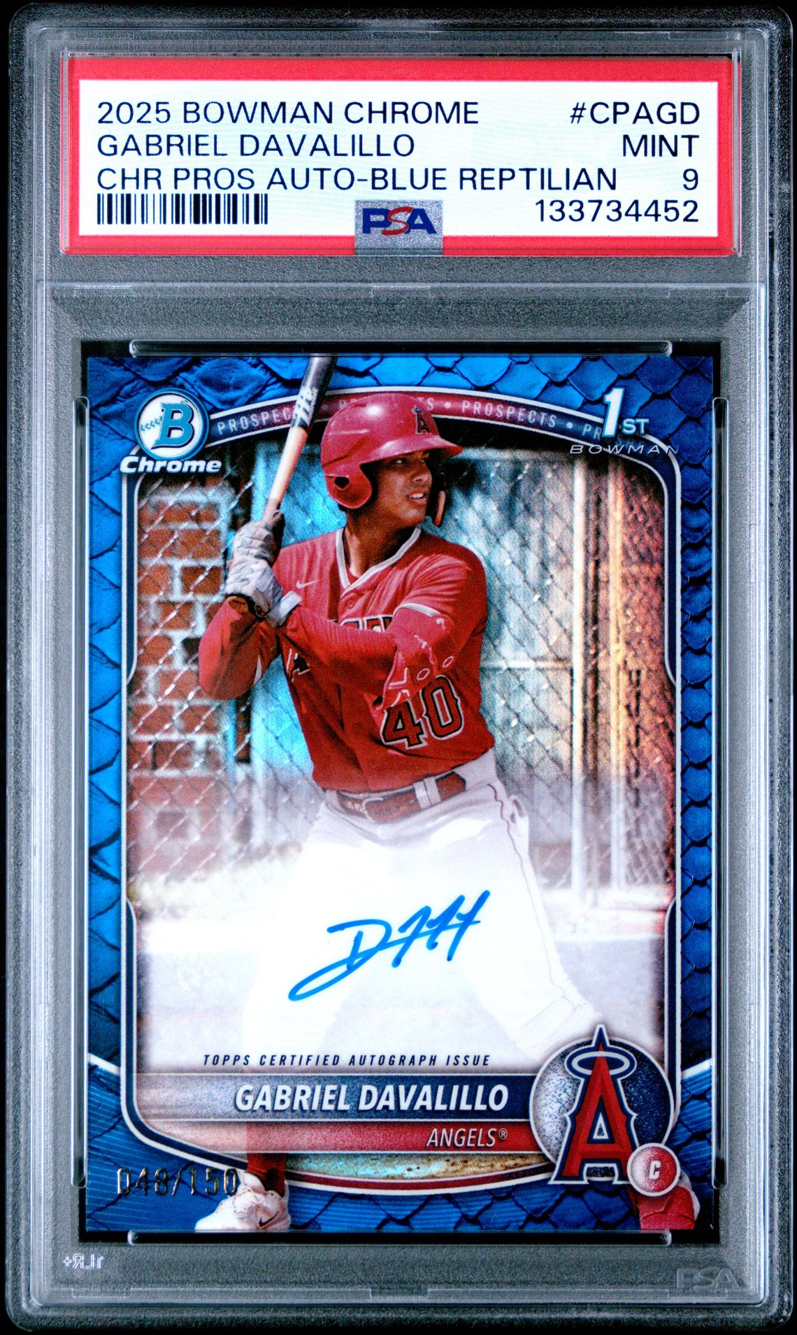2025 Bowman Chrome Prospect Autographs Gabriel Davalillo #Cpagd (Chr Pros Auto-Blue Reptilian) Mint 9 front