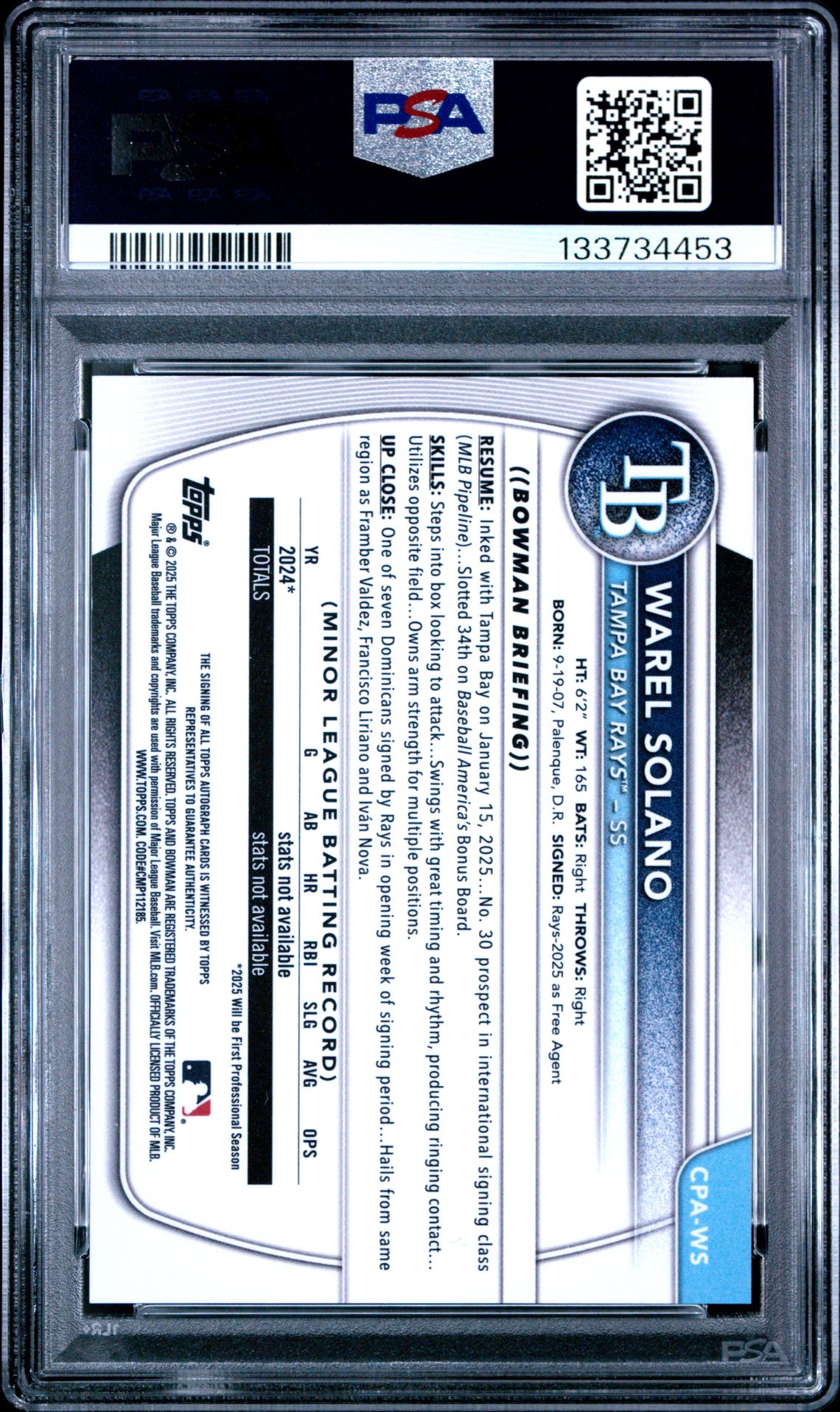 2025 Bowman Chrome Prospect Autographs Warel Solano #Cpaws Gem Mt 10 back