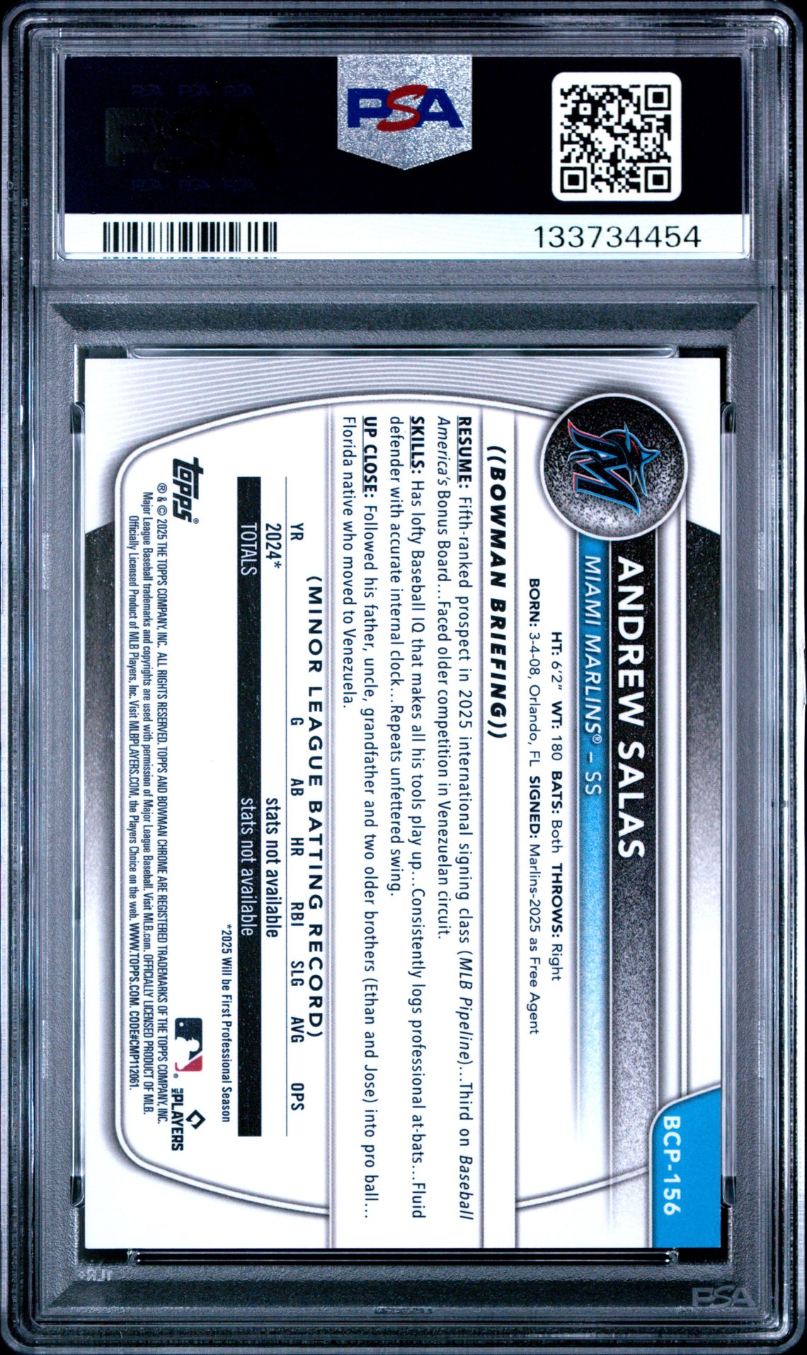 2025 Bowman Chrome Prospects Andrew Salas #Bcp156 (Prospects-Gold Geometric) Gem Mt 10 back