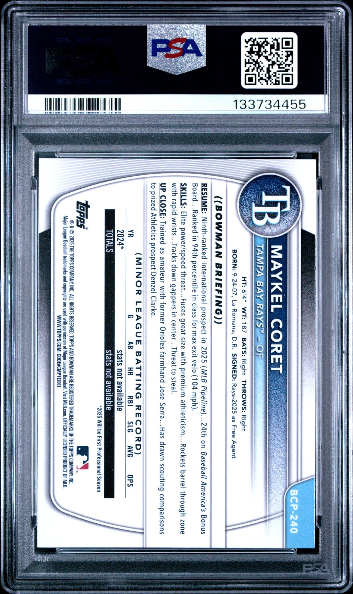 2025 Bowman Chrome Prospects Maykel Coret #Bcp240 (Prospects-Speckle Ref) Gem Mt 10 back