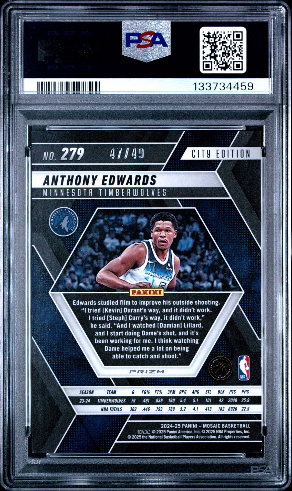 2024 Panini Mosaic Anthony Edwards #279 (Orange Ice) Mint 9 back