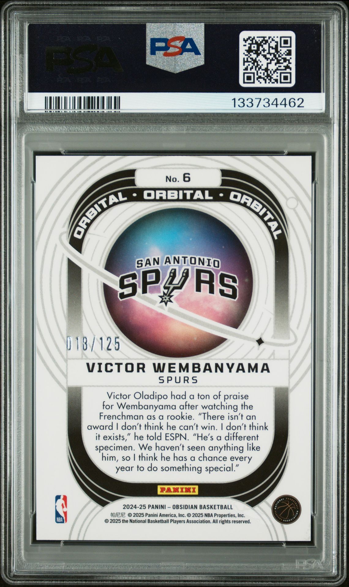 2024 Panini Obsidian Orbital Victor Wembanyama #6 Gem Mt 10 back