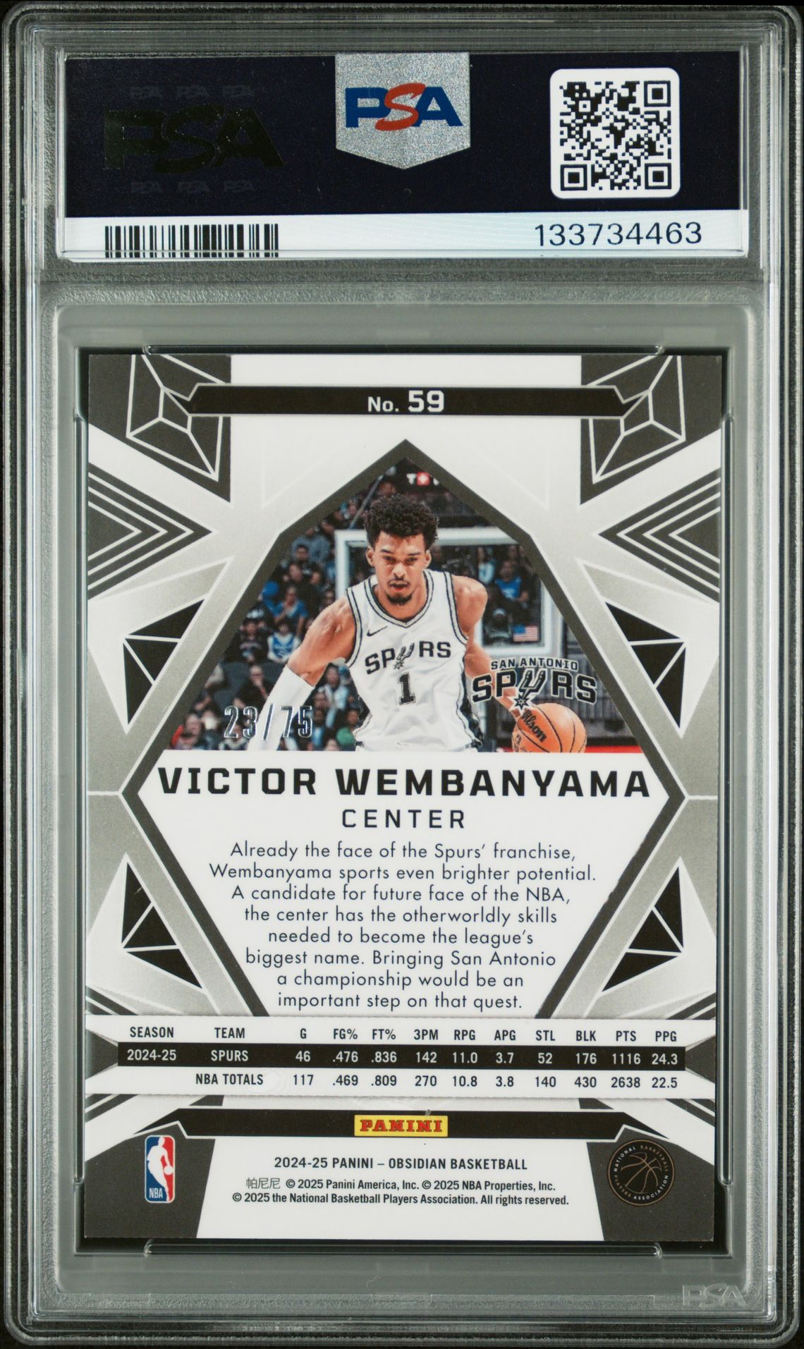 2024-25 Panini Obsidian Victor Wembanyama #59 (Electric Etch Purple Flood) Mint 9 back