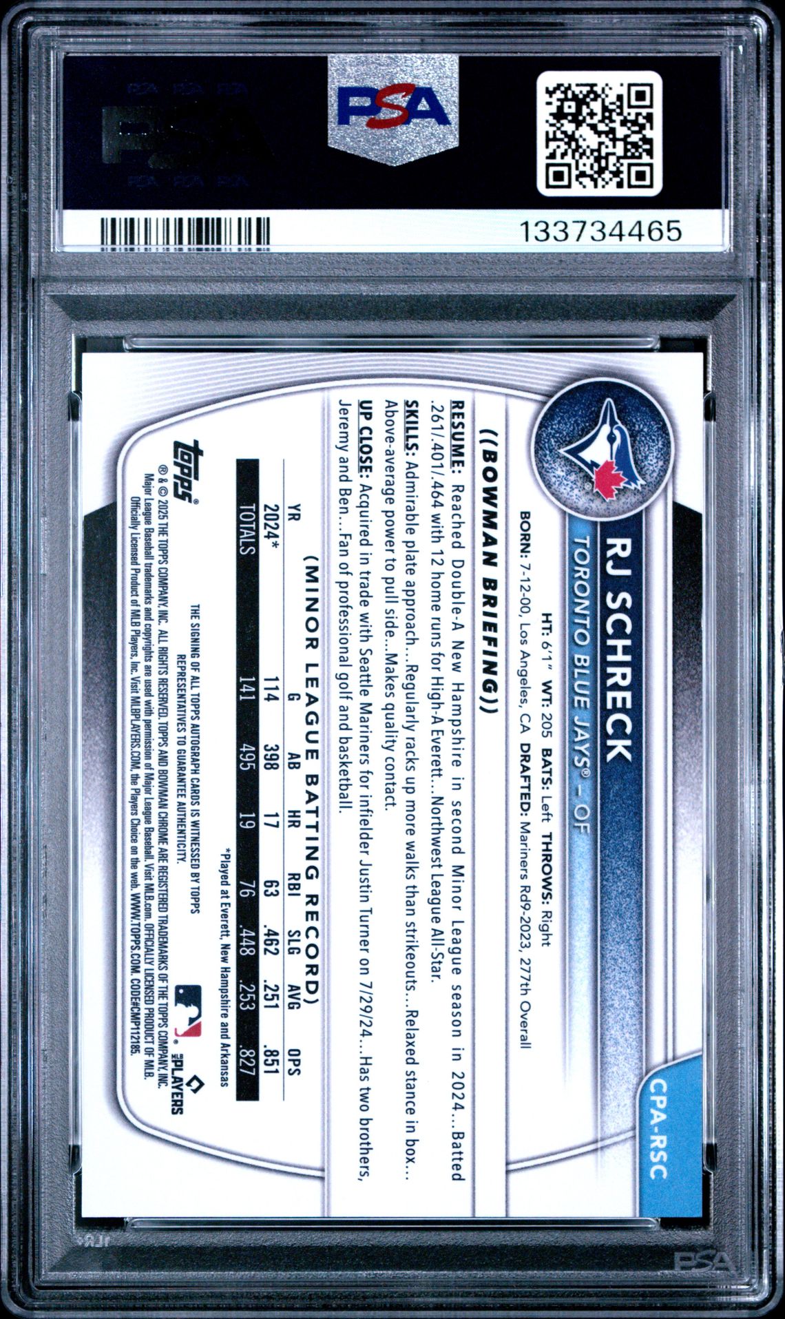 2025 Bowman Chrome Prospect Autographs Rj Schreck #Cparsc Mint 9 back