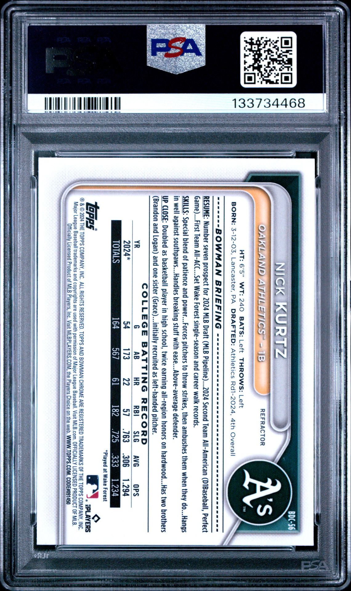 2024 Bowman Draft Nick Kurtz #Bdc56 (Chrome-Refractor) Mint 9 back