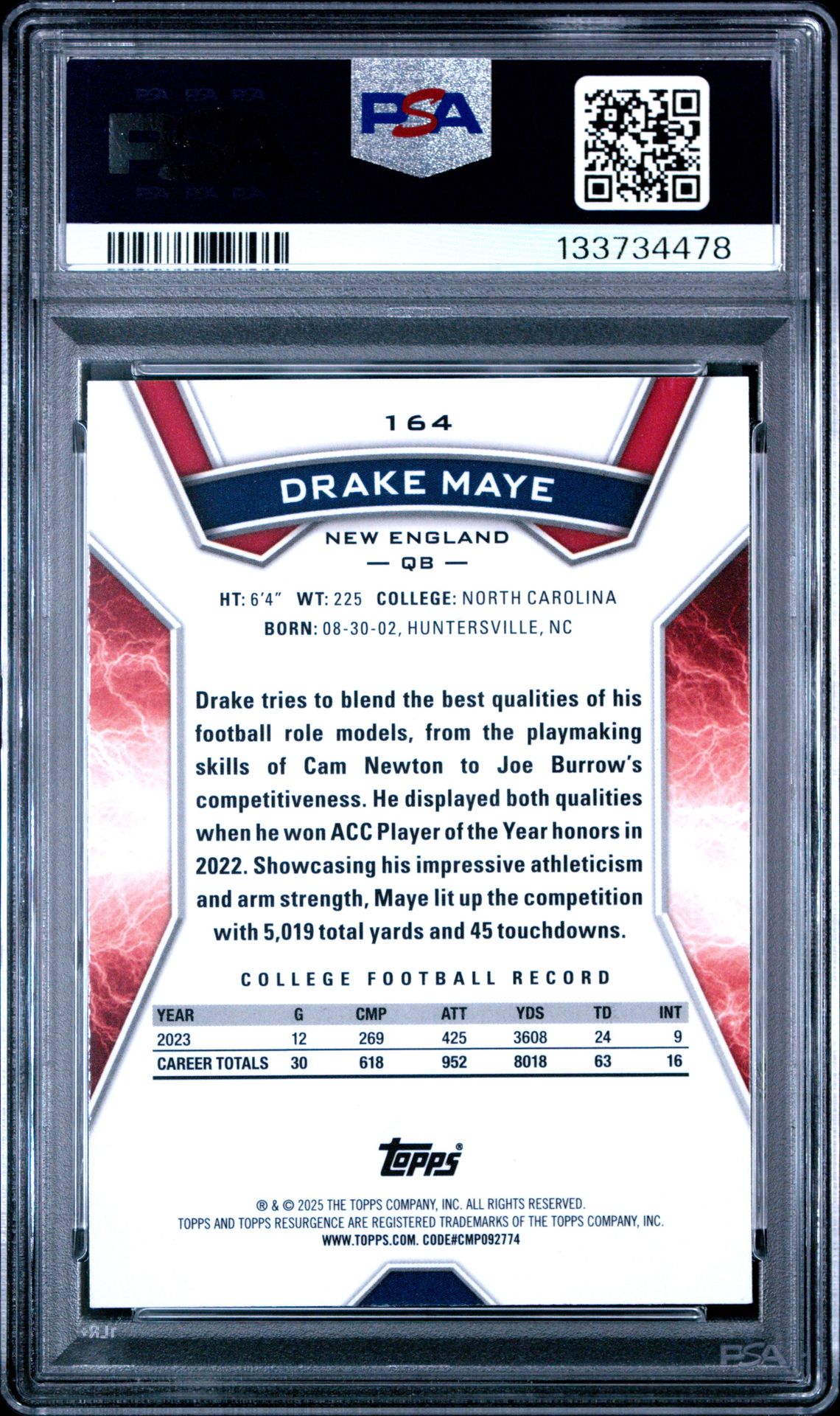 2024 Topps Resurgence Drake Maye #164 (Prism Refractor) Mint 9 back
