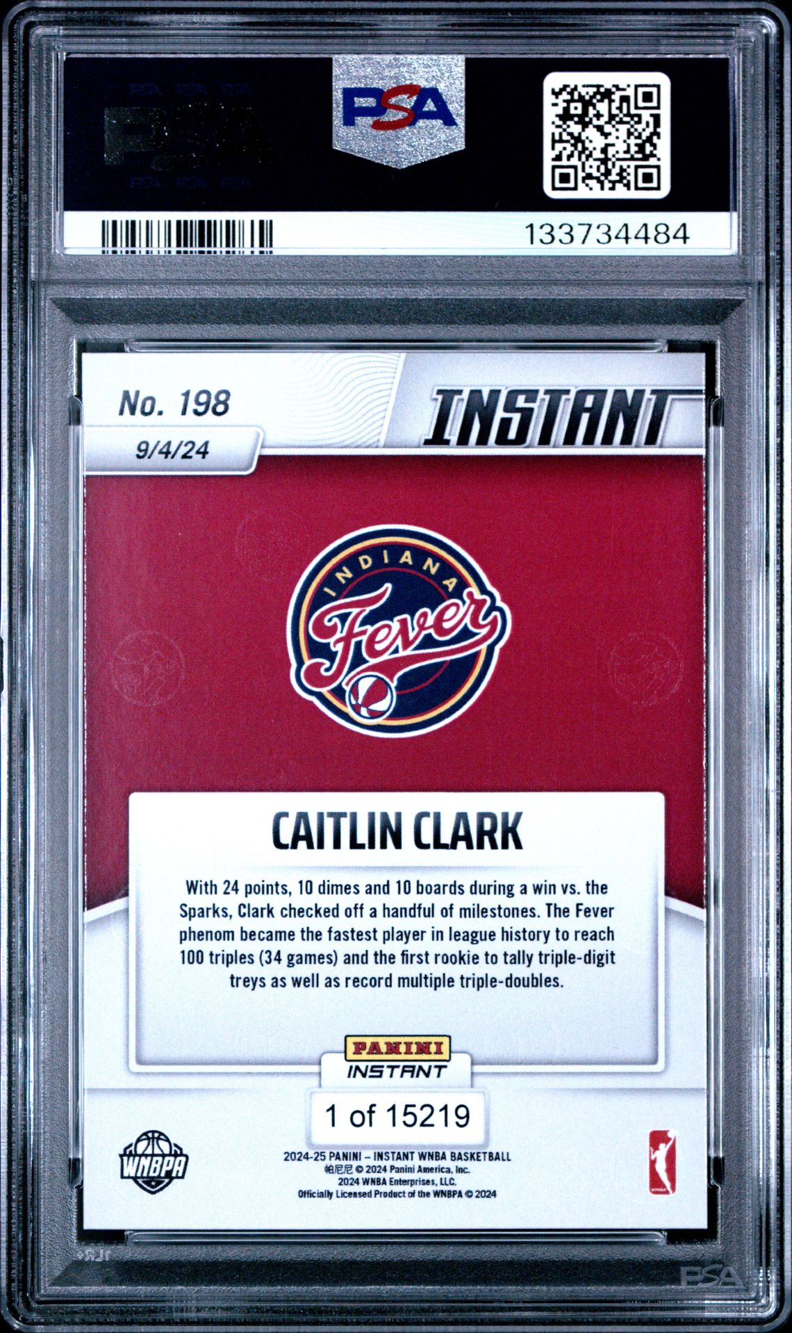 2024 Panini Instant Wnba Caitlin Clark #198 Gem Mt 10 back view - PSA certificate #133734484