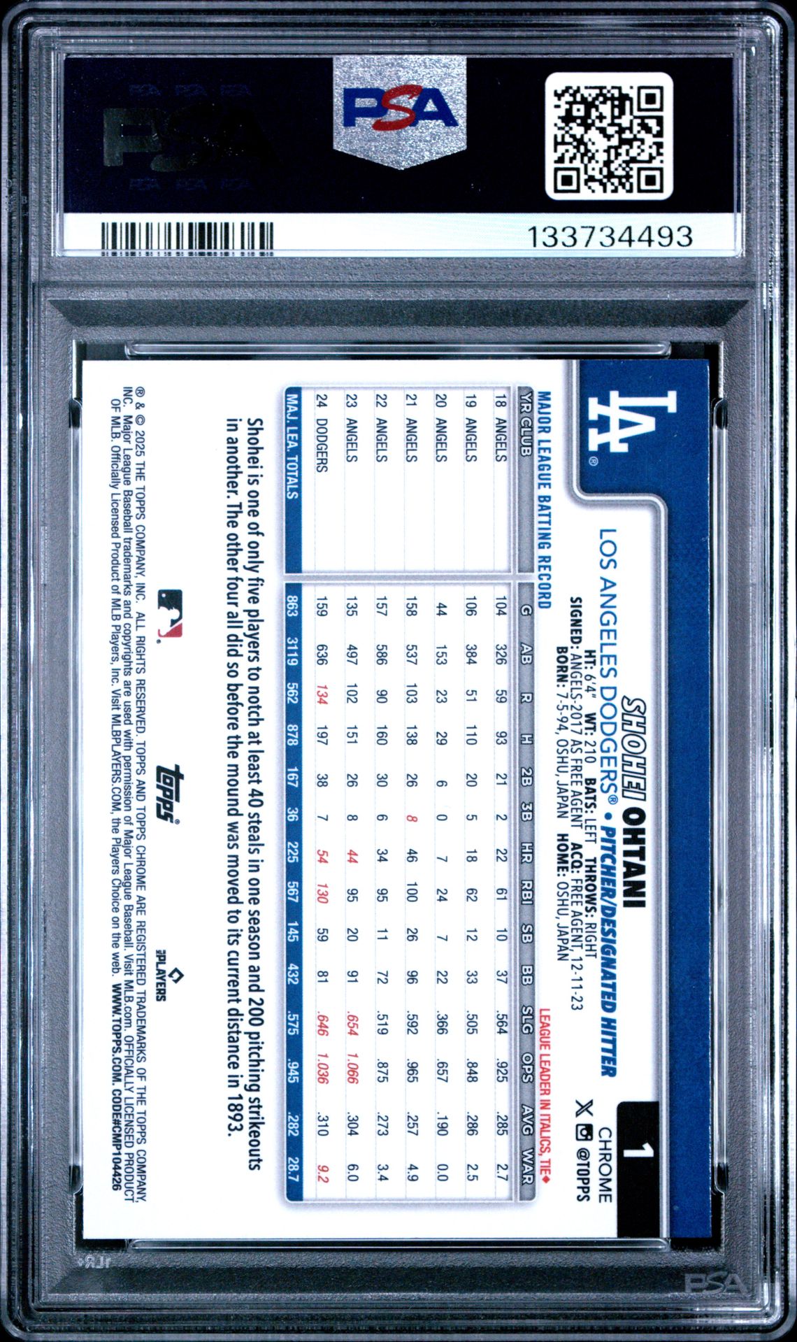 2025 Topps Chrome Sapphire Shohei Ohtani #1 Gem Mt 10 back