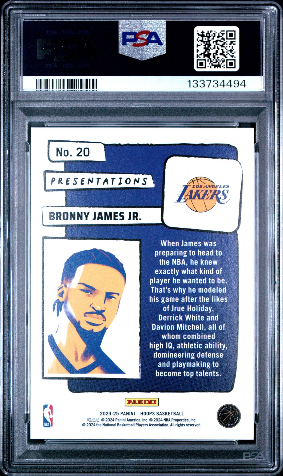 2024 Panini Nba Hoops Presentations Bronny James Jr. #20 Gem Mt 10 back