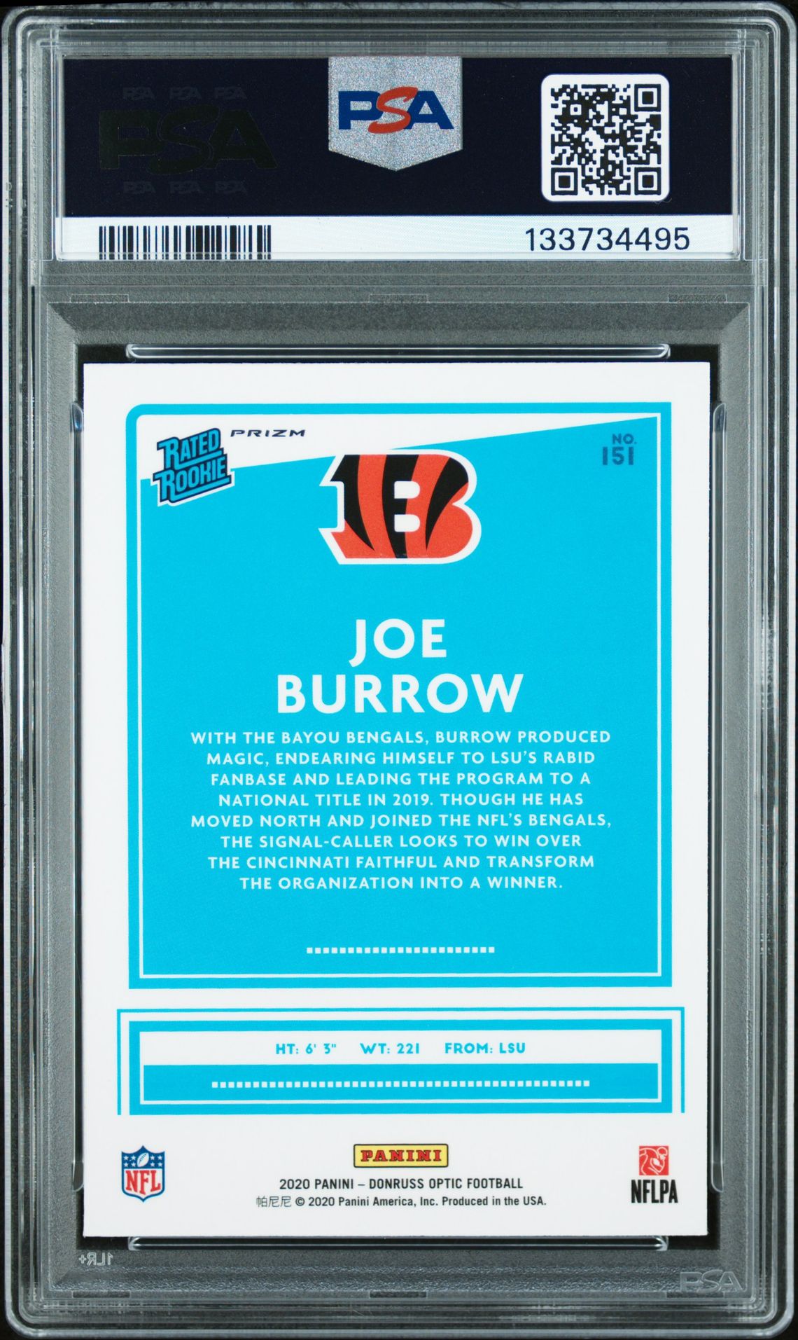 2020 Panini Donruss Optic Joe Burrow #151 (Blue Hyper) Mint 9 back
