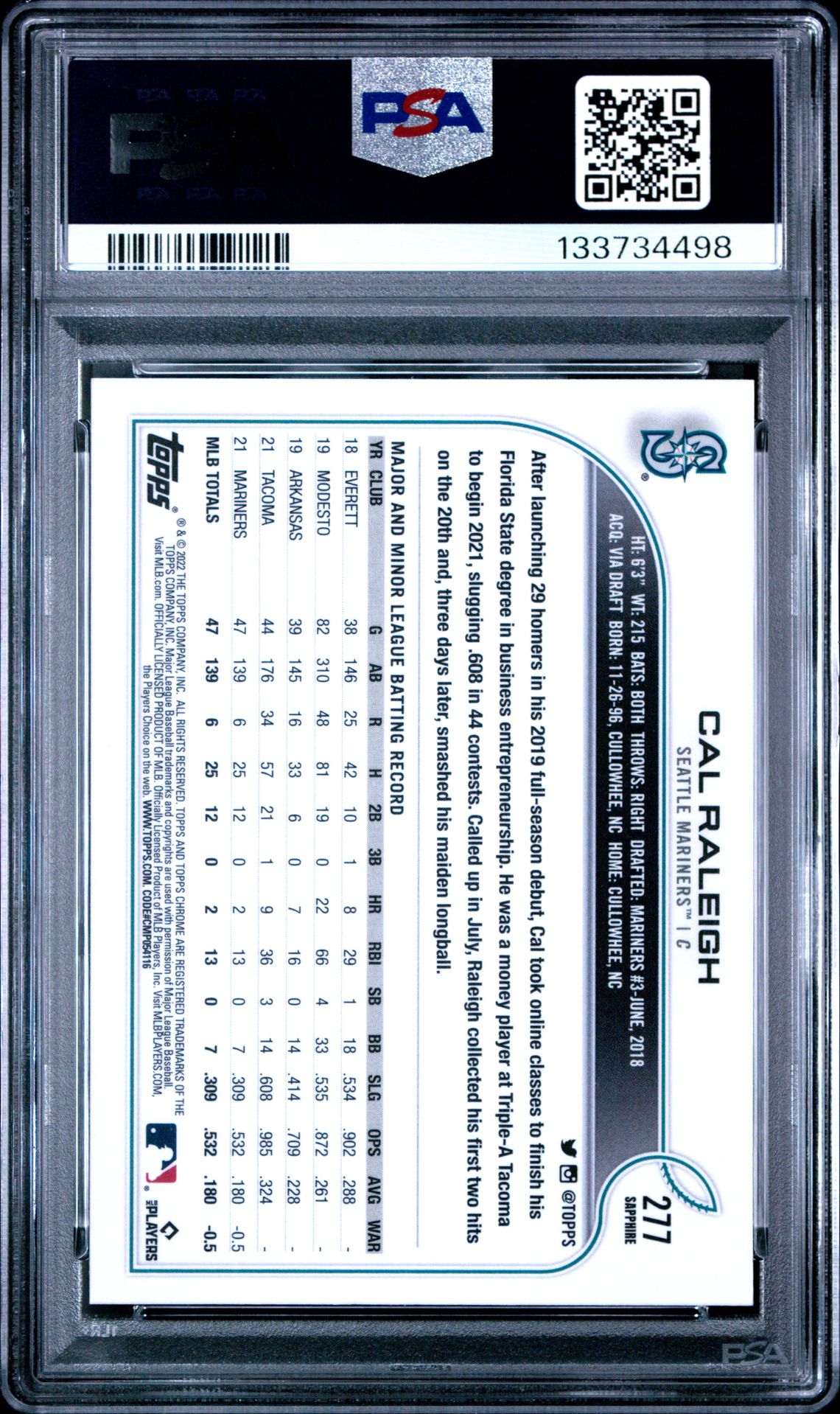 2022 Topps Chrome Sapphire Edition Cal Raleigh #277 (Sapphire Edition) Gem Mt 10 back