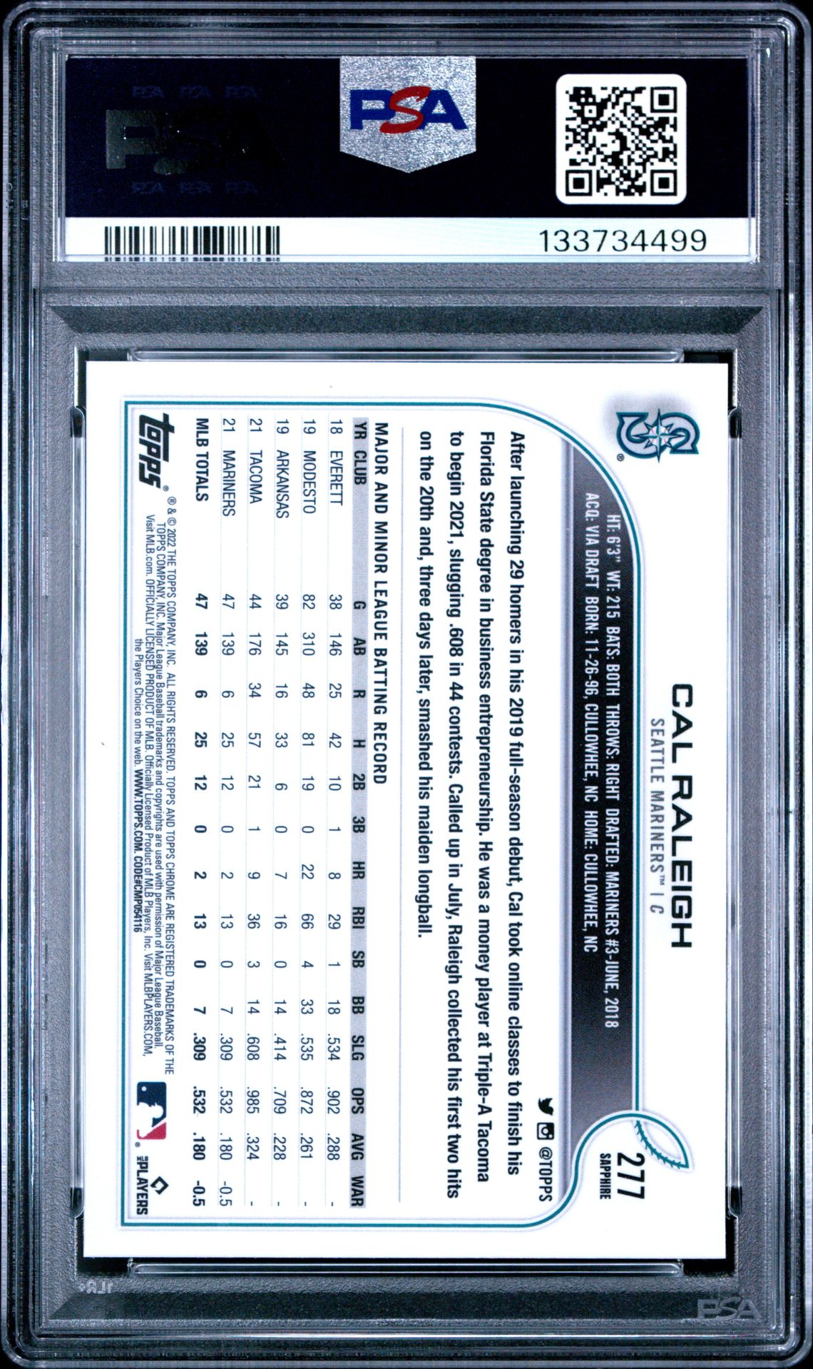 2022 Topps Chrome Sapphire Edition Cal Raleigh #277 (Sapphire Edition) Mint 9 back