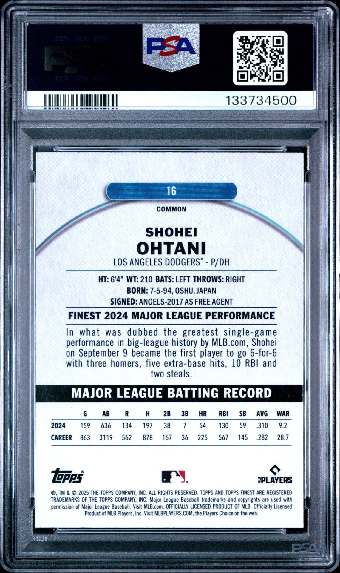 2025 Topps Finest Shohei Ohtani #16 (Blue Refractor) Gem Mt 10 back