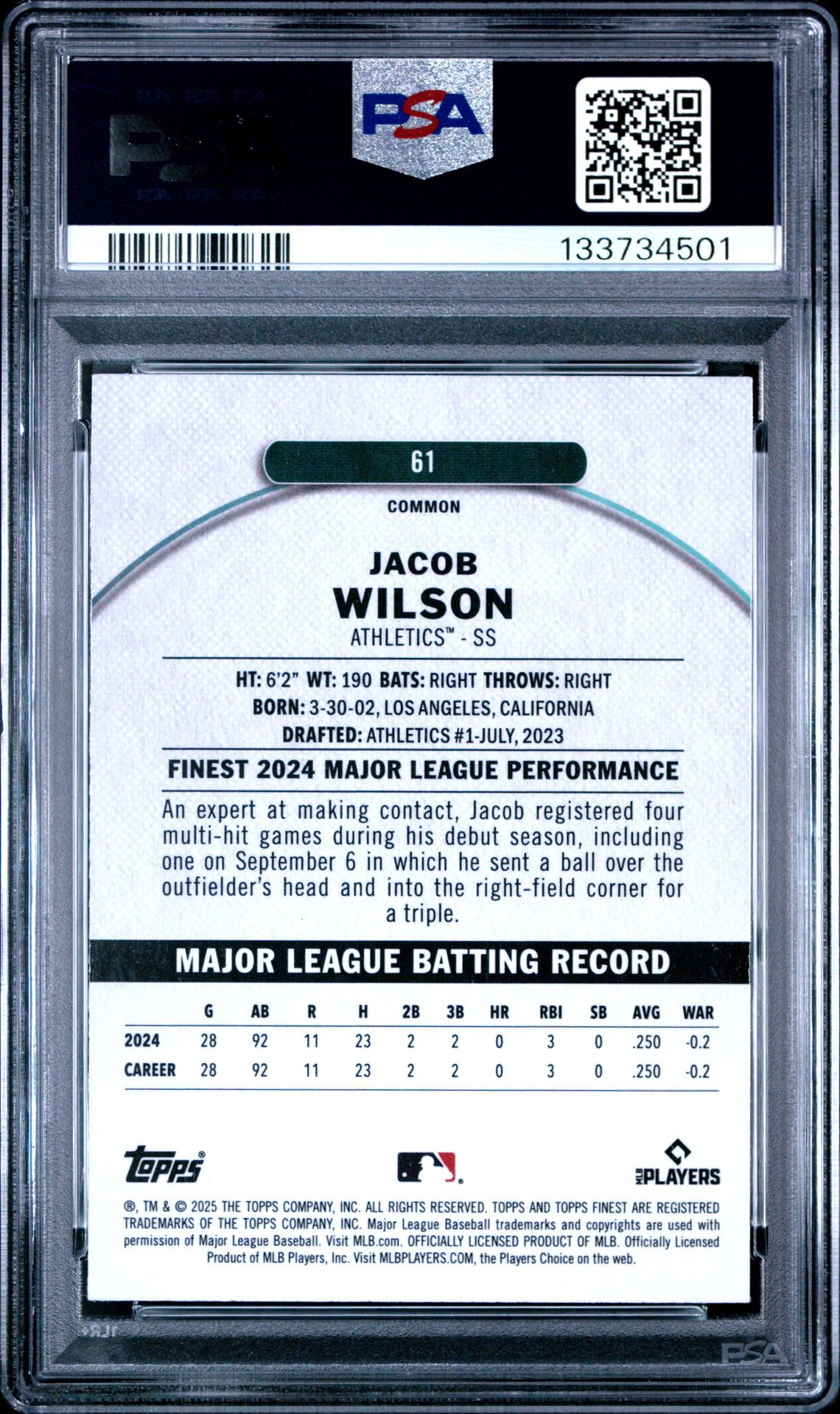 2025 Topps Finest Jacob Wilson #61 (Purple Checkerboard) Gem Mt 10 back