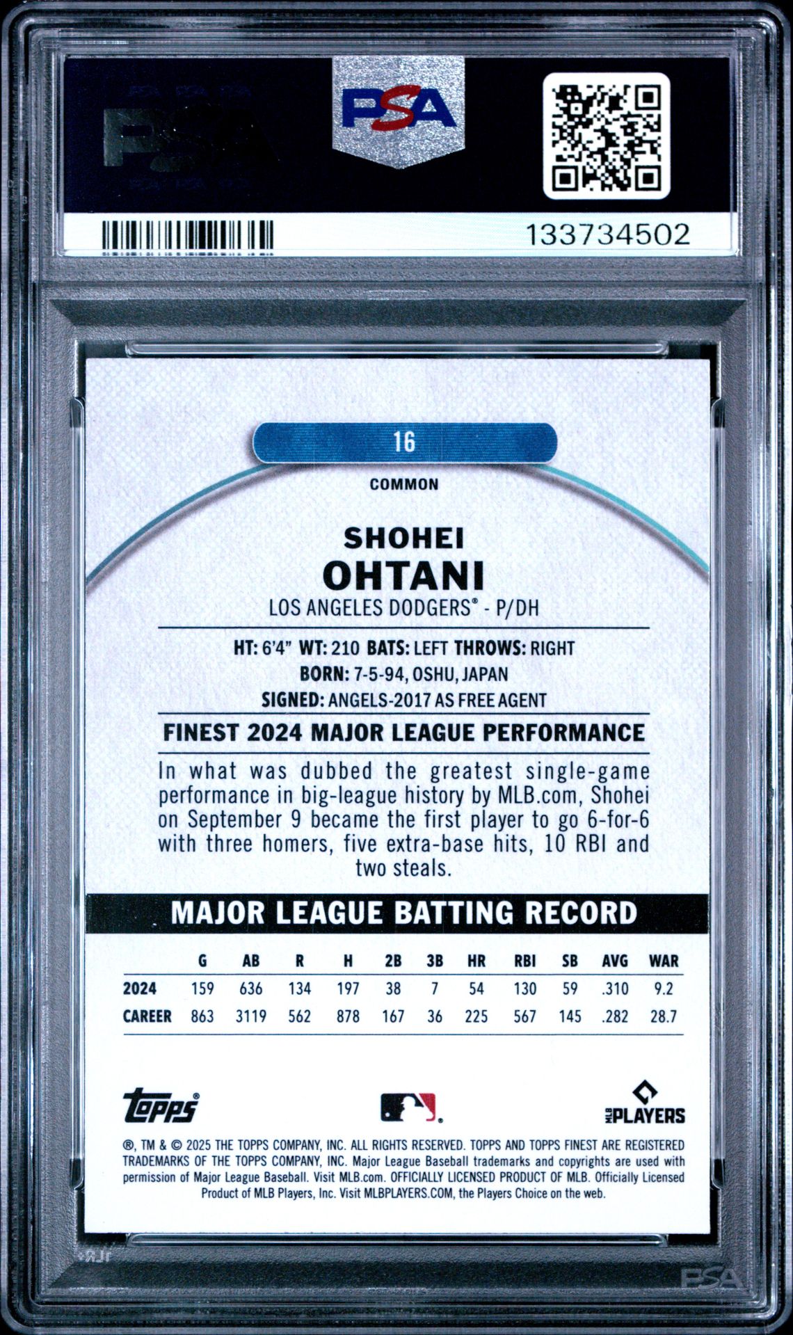 2025 Topps Finest Shohei Ohtani #16 (Blue Checkerboard) Gem Mt 10 back