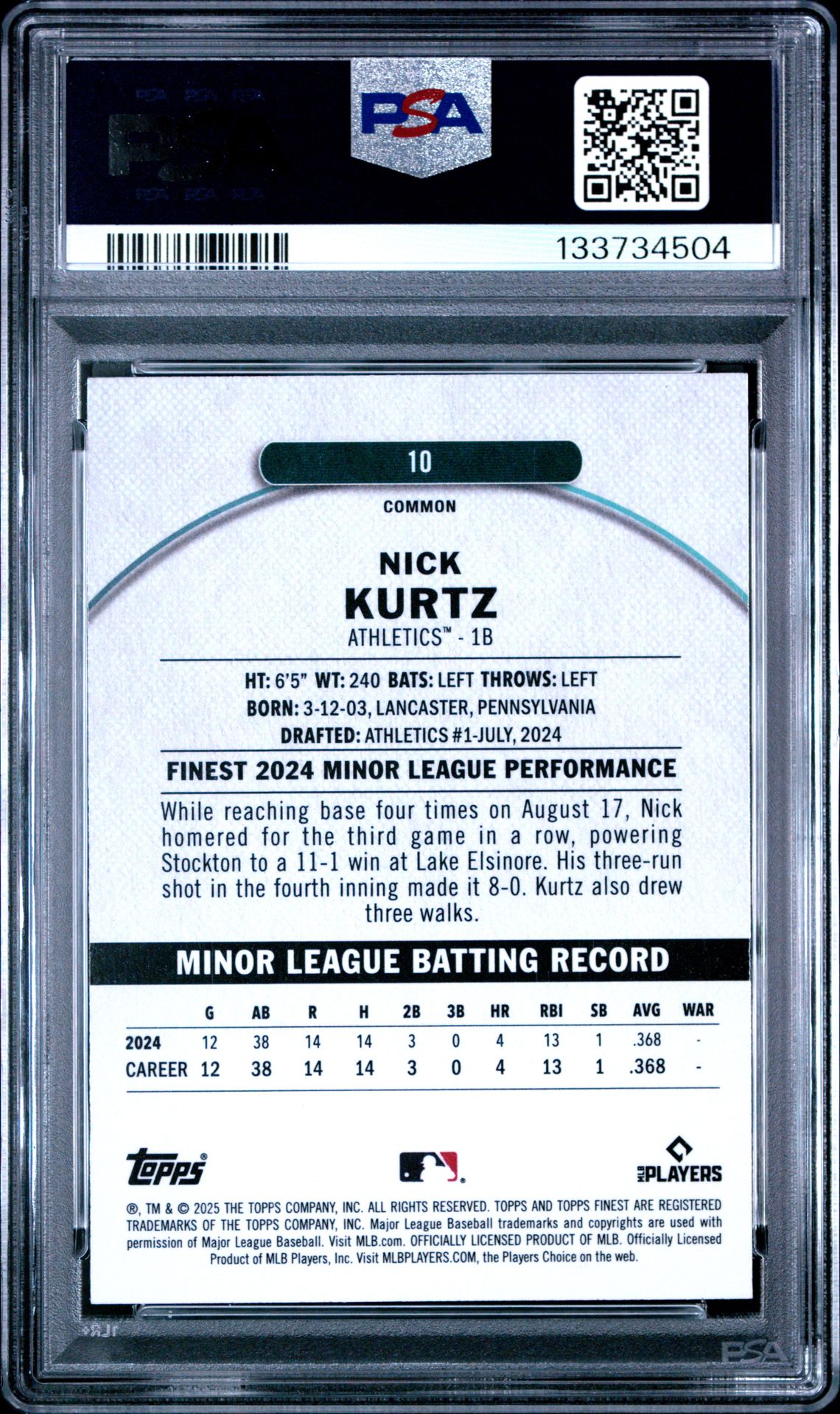 2025 Topps Finest Nick Kurtz #10 (Purple Checkerboard) Gem Mt 10 back