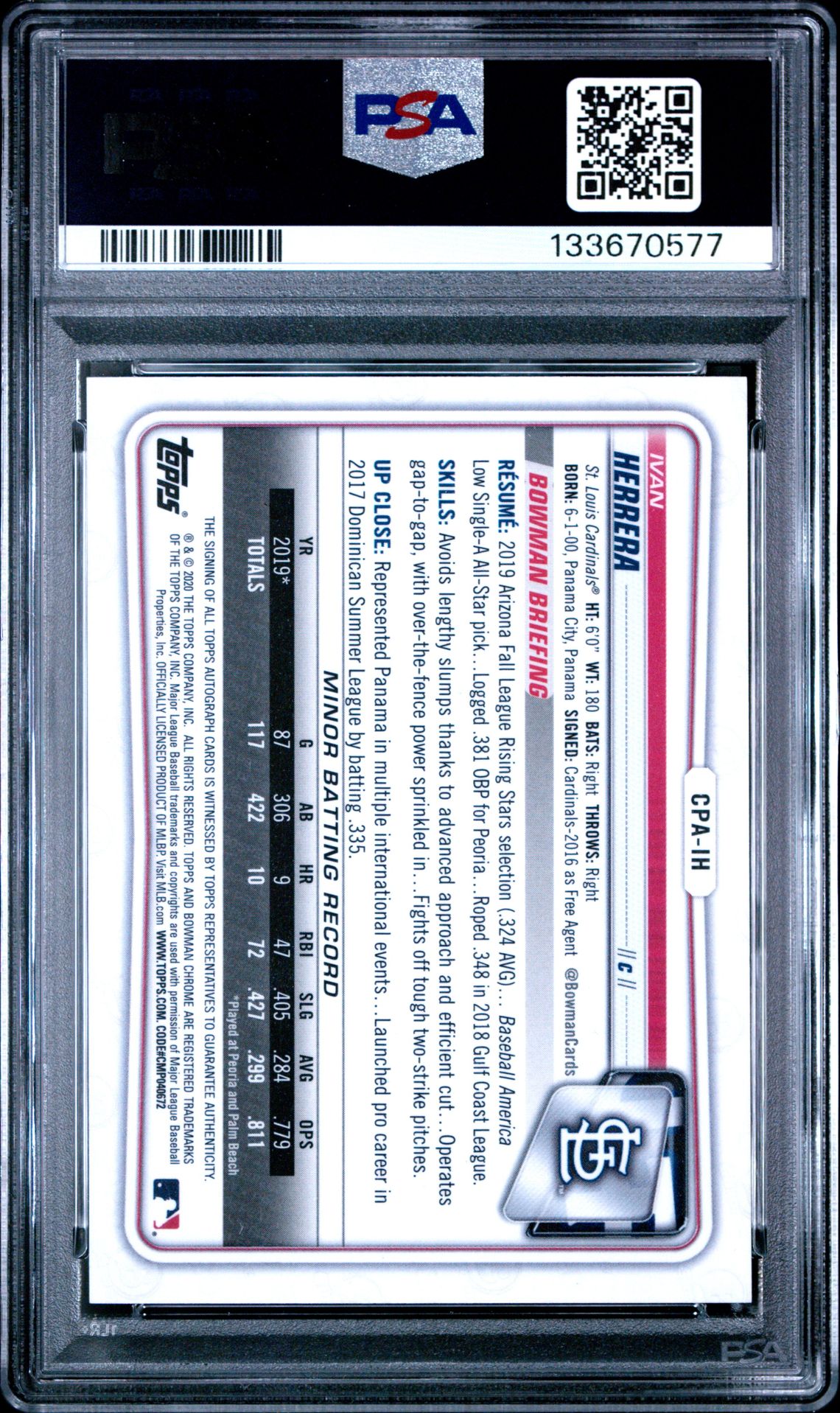 2020 Bowman Chrome Prospect Autographs Ivan Herrera #Cpaih (Prospect Auto-Green Ref.) Gem Mt 10 back