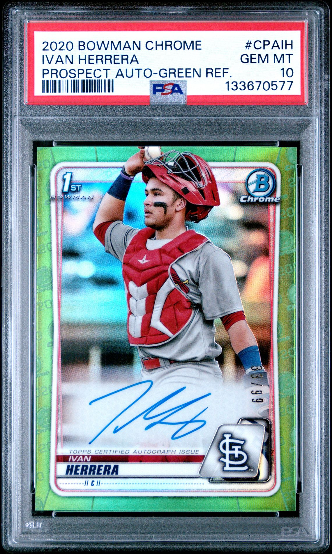 2020 Bowman Chrome Prospect Autographs Ivan Herrera #Cpaih (Prospect Auto-Green Ref.) Gem Mt 10 front