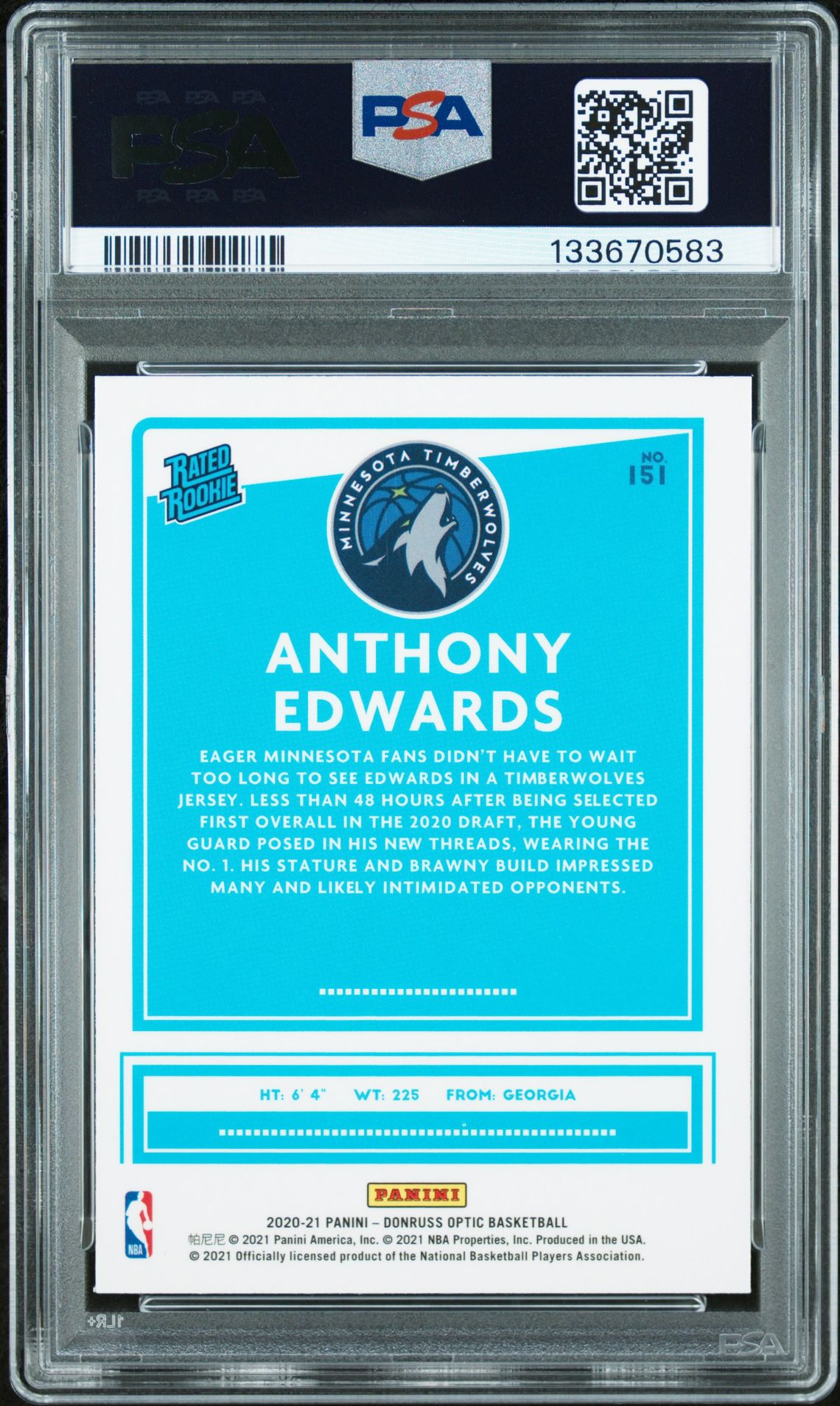 2020 Panini Donruss Optic Anthony Edwards #151 Gem Mt 10 back