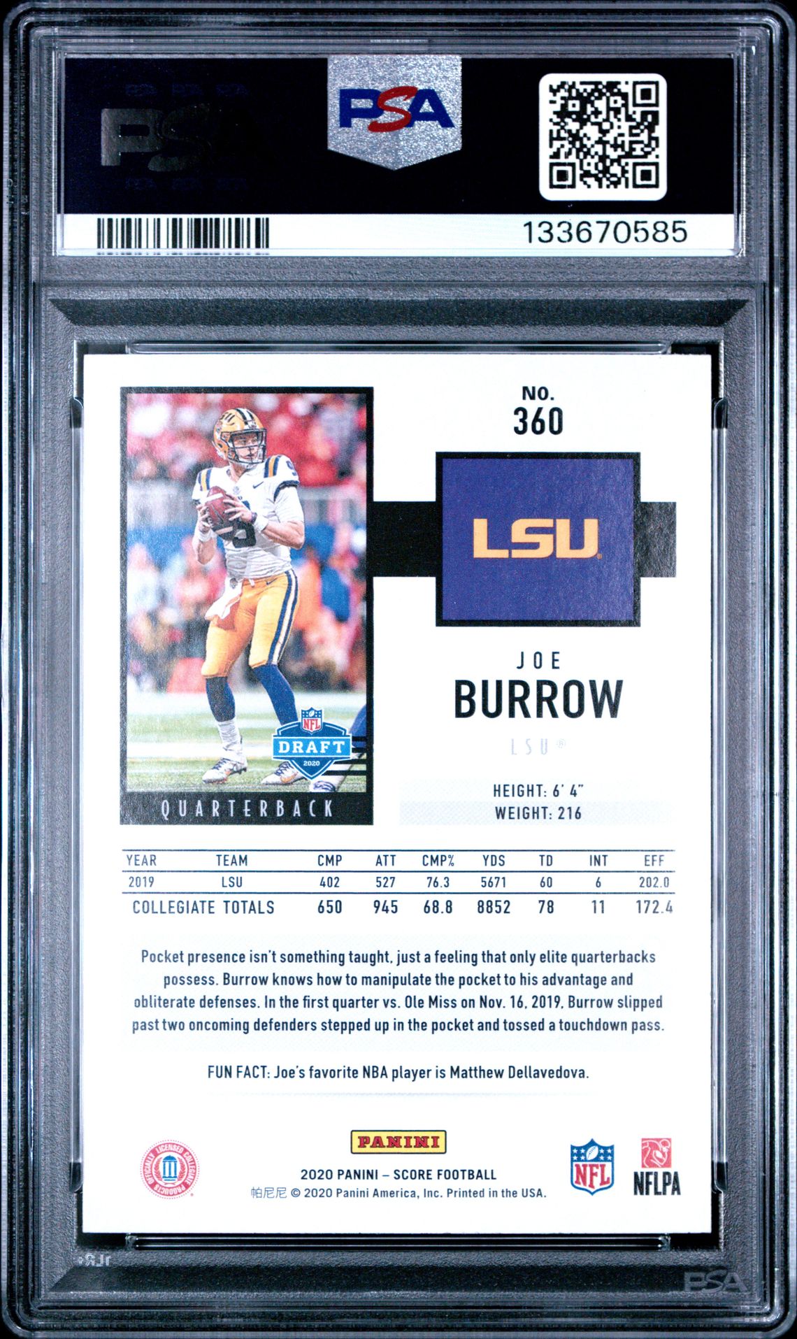 2020 Panini Score Joe Burrow #360 Gem Mt 10 back