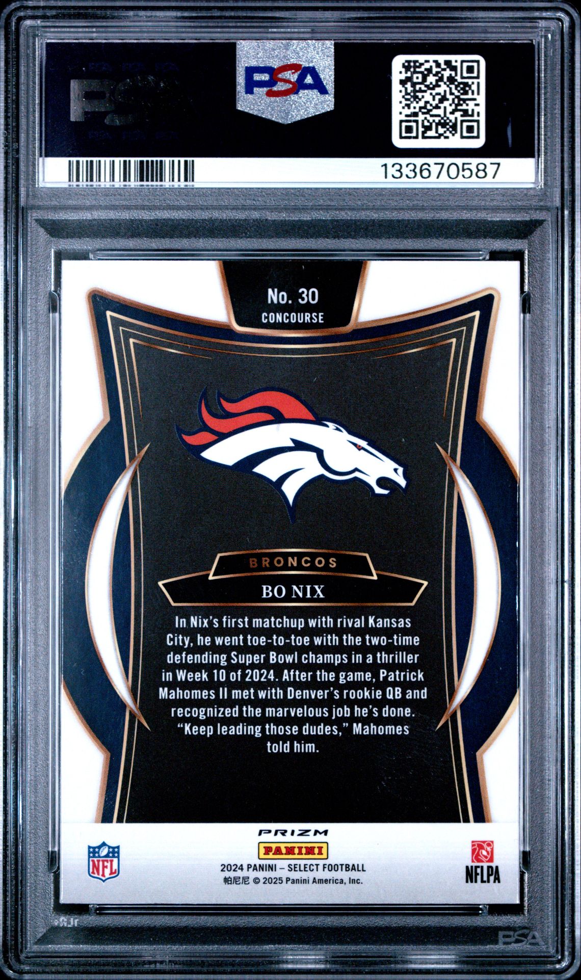 2024 Panini Select Bo Nix #30 (Black & Red Shock) Gem Mt 10 back