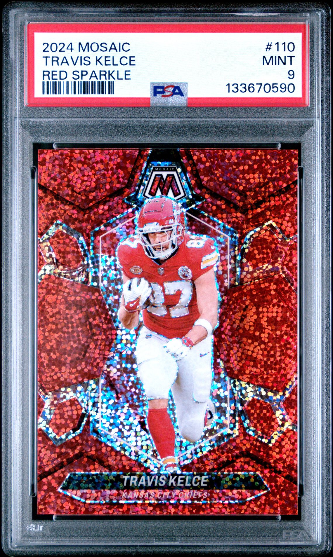 2024 Panini Mosaic Travis Kelce #110 (Red Sparkle) Mint 9 front