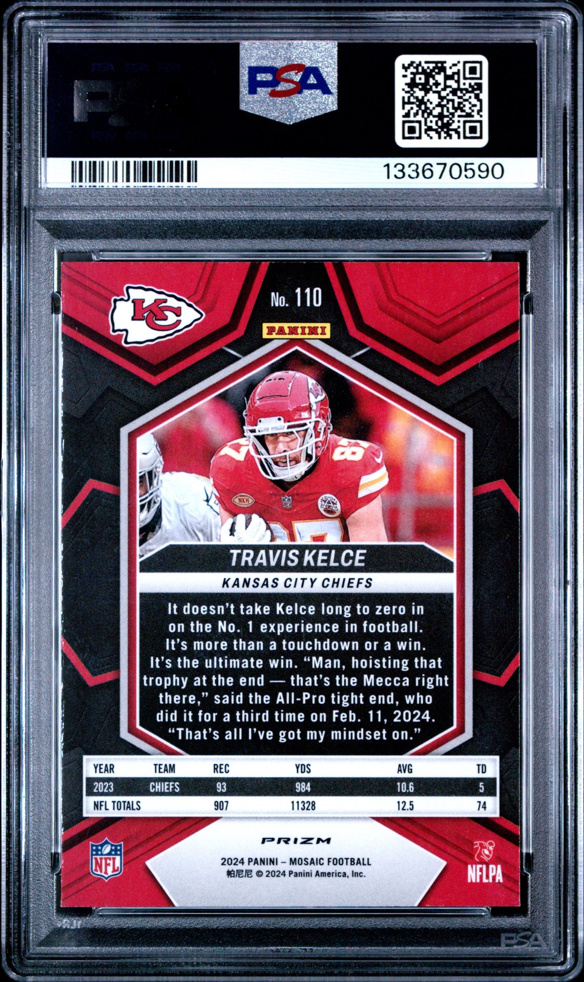 2024 Panini Mosaic Travis Kelce #110 (Red Sparkle) Mint 9 back