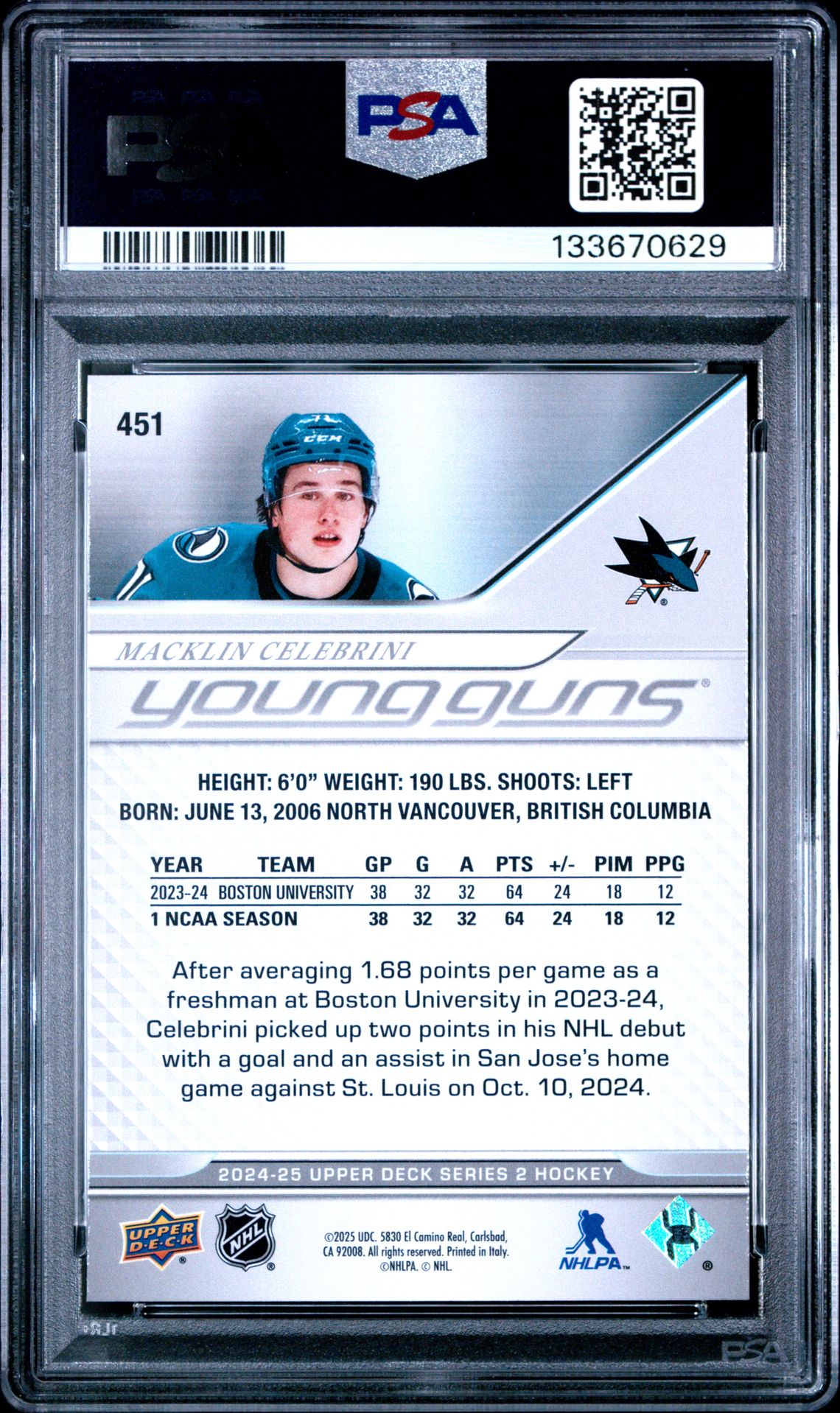 2024 Upper Deck Macklin Celebrini #451 Gem Mt 10 back