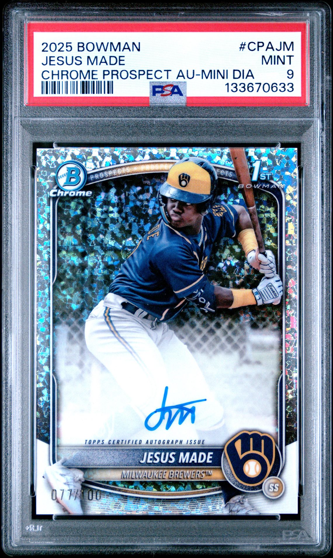2025 Bowman Chrome Prospect Autographs Jesus Made #Cpajm (Chrome Prospect Au-Mini Dia) Mint 9 front