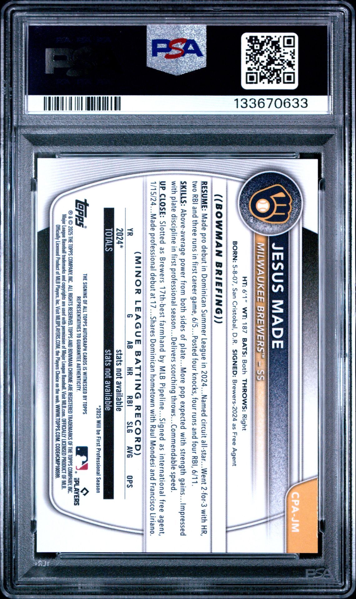 2025 Bowman Chrome Prospect Autographs Jesus Made #Cpajm (Chrome Prospect Au-Mini Dia) Mint 9 back