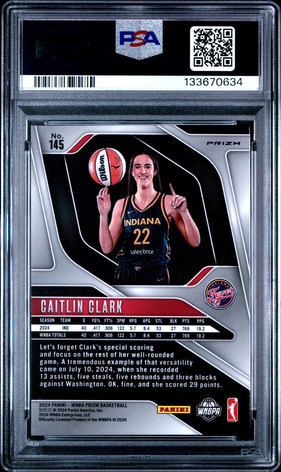 2024 Panini Prizm Wnba Caitlin Clark #145 (Orange Ice) Gem Mt 10 back