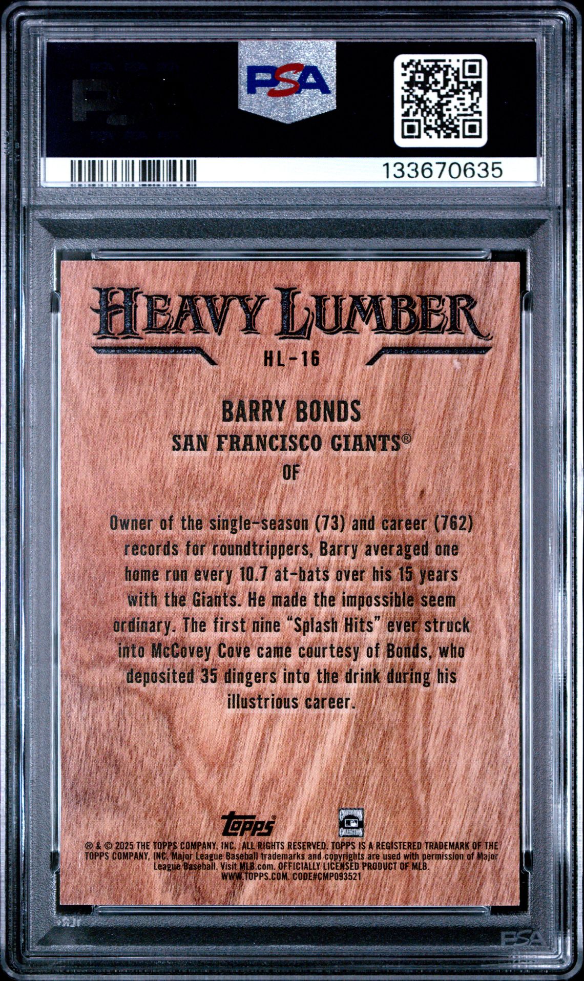 2025 Topps Heavy Lumber Barry Bonds #Hl16 Gem Mt 10 back