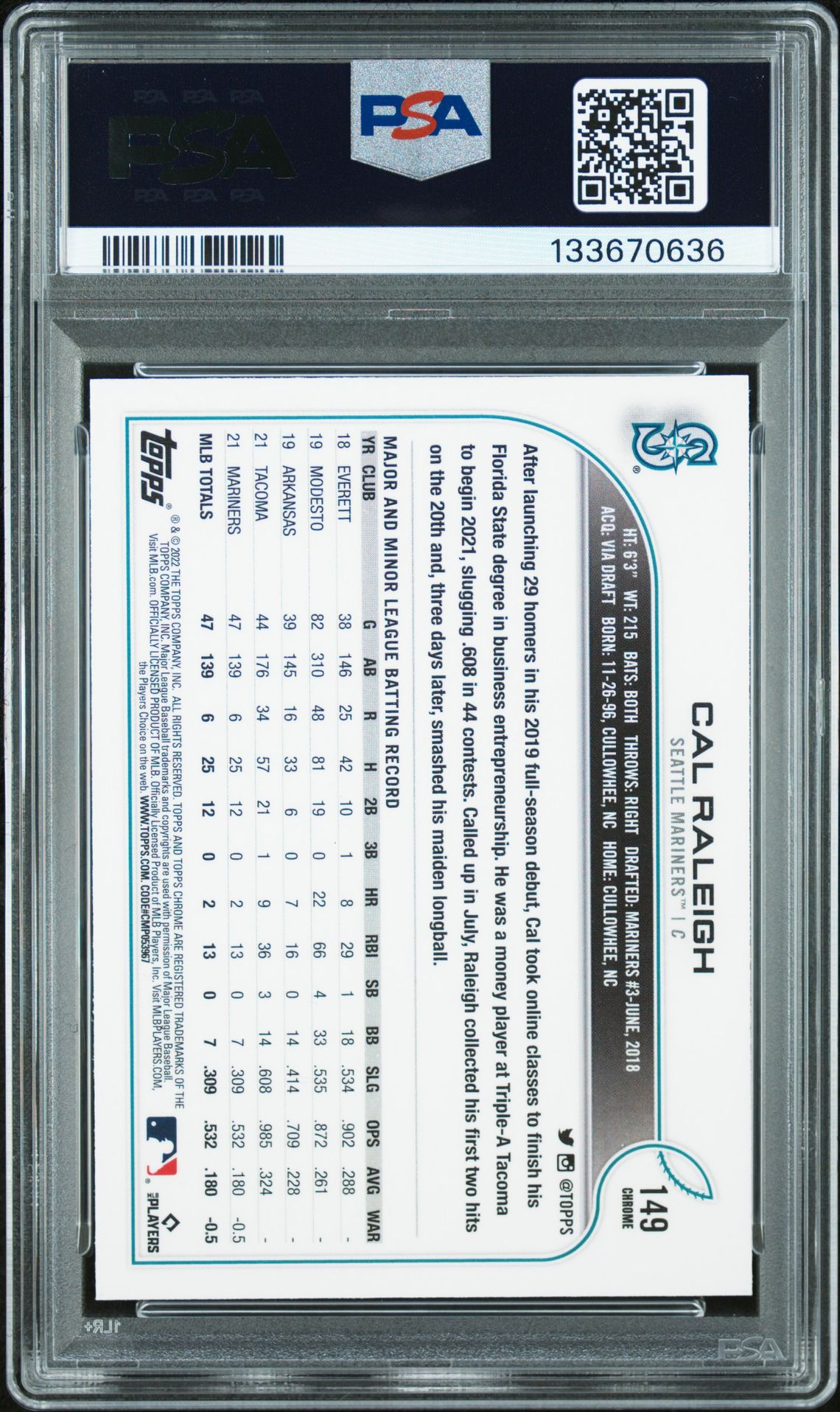 2022 Topps Chrome Cal Raleigh #149 Mint 9 back