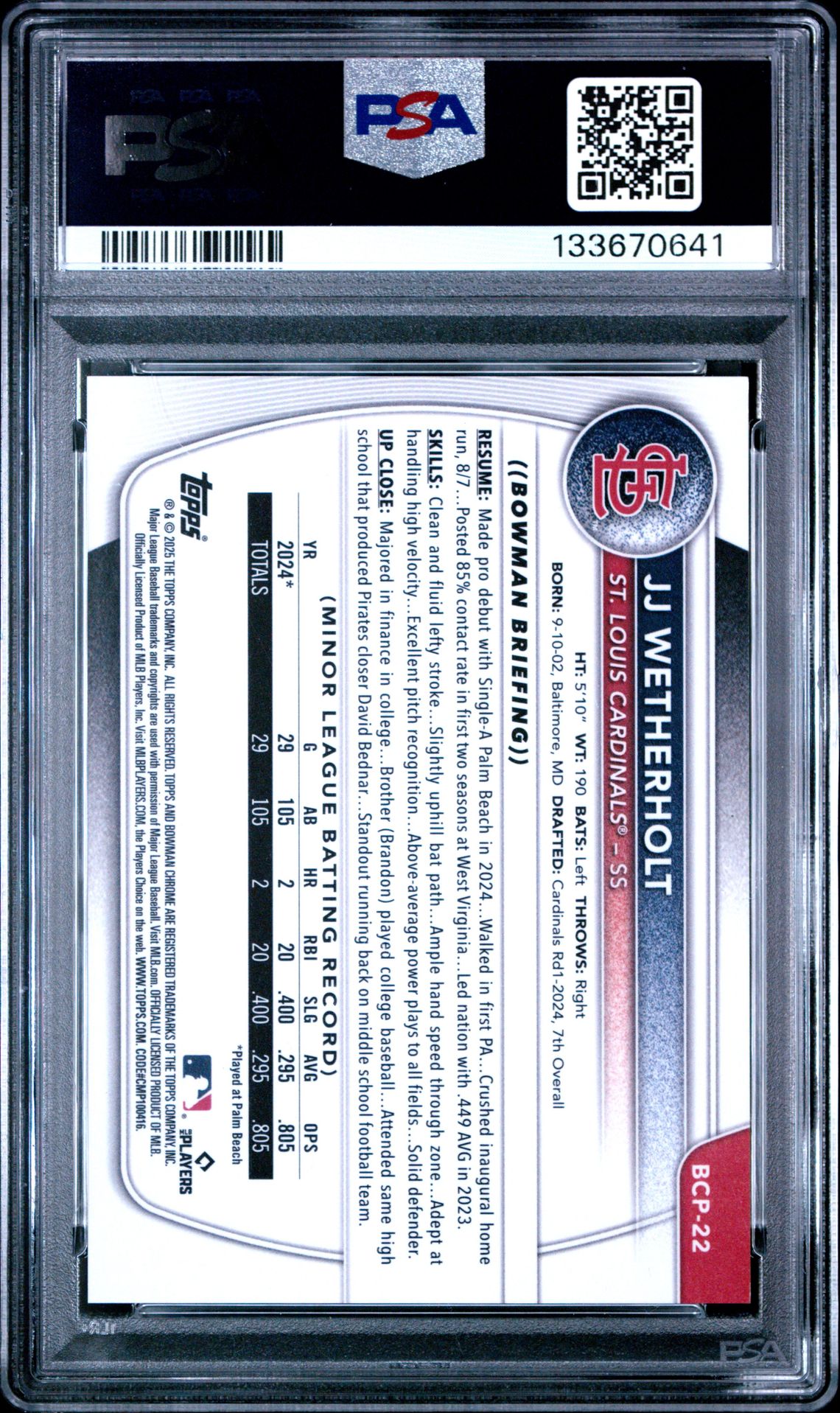 2025 Bowman Chrome Prospects Jj Wetherholt #Bcp22 (Chrome Pros-Blue Geometric) Gem Mt 10 back